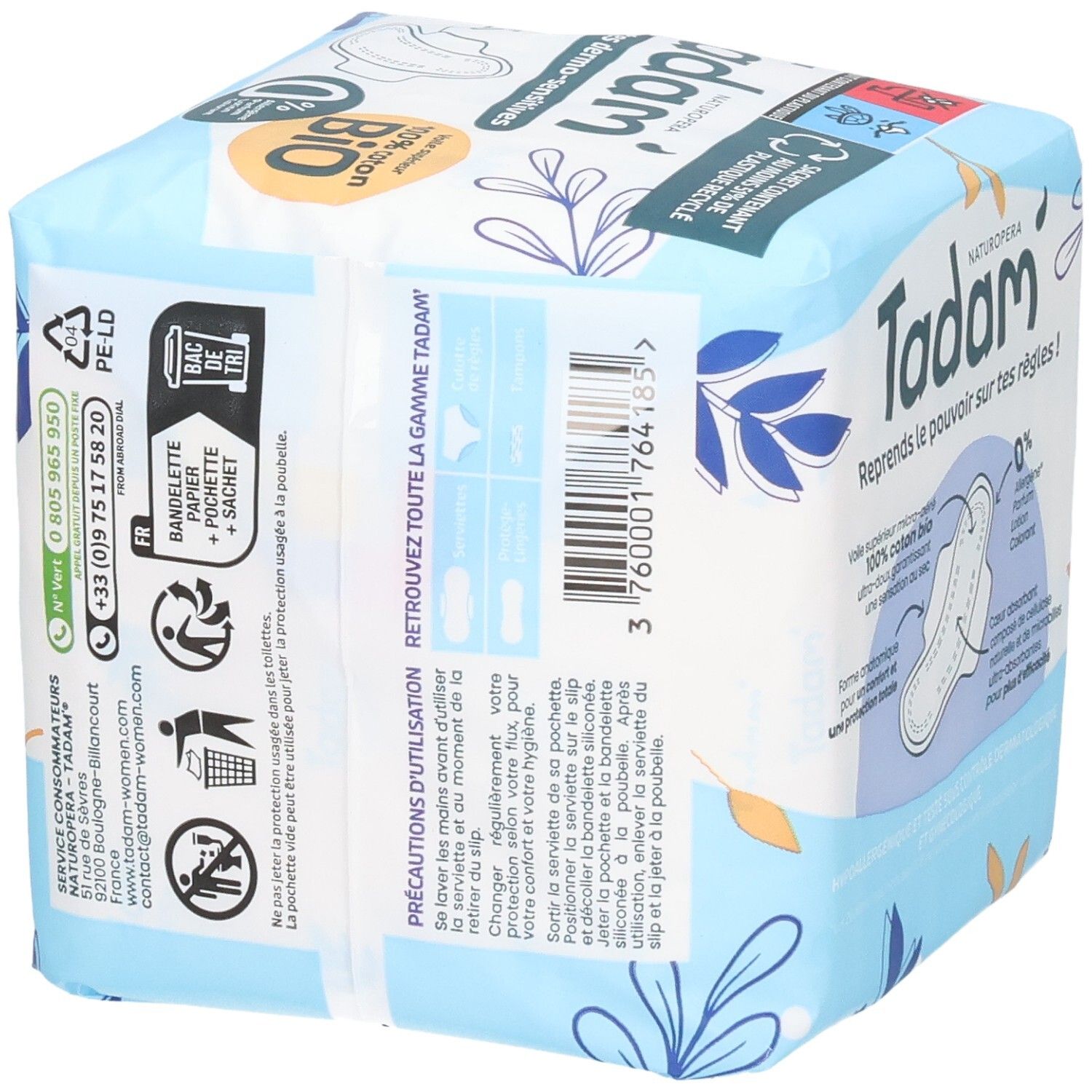 Verpackung Tadam Serviettes Dermo-Sensitives Super+, 12 ultrafeine Slipeinlagen mit Flügeln, 100% Bio-Baumwolle.