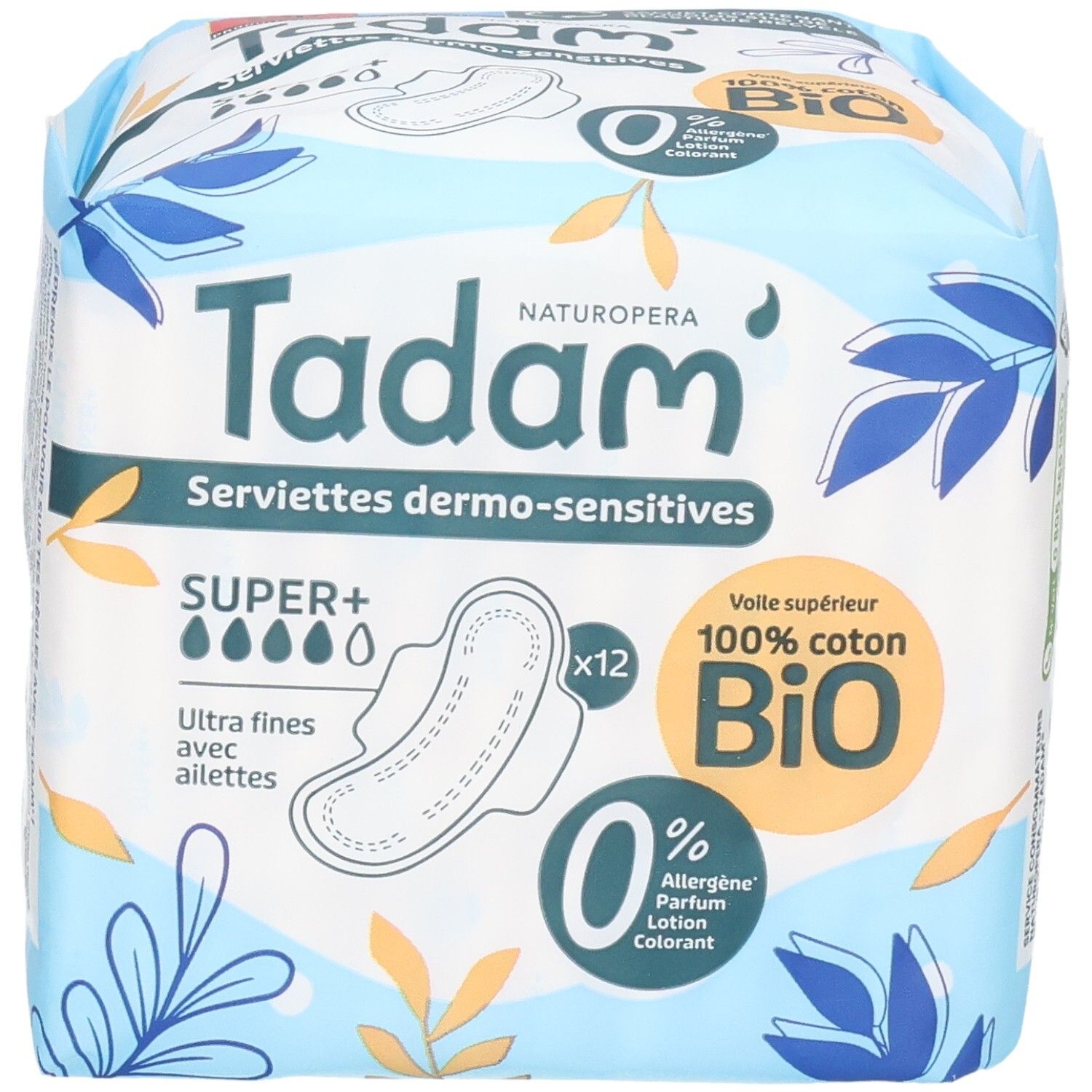 Verpackung Tadam Serviettes Dermo-Sensitives Super+, 12 ultrafeine Slipeinlagen mit Flügeln, 100% Bio-Baumwolle.