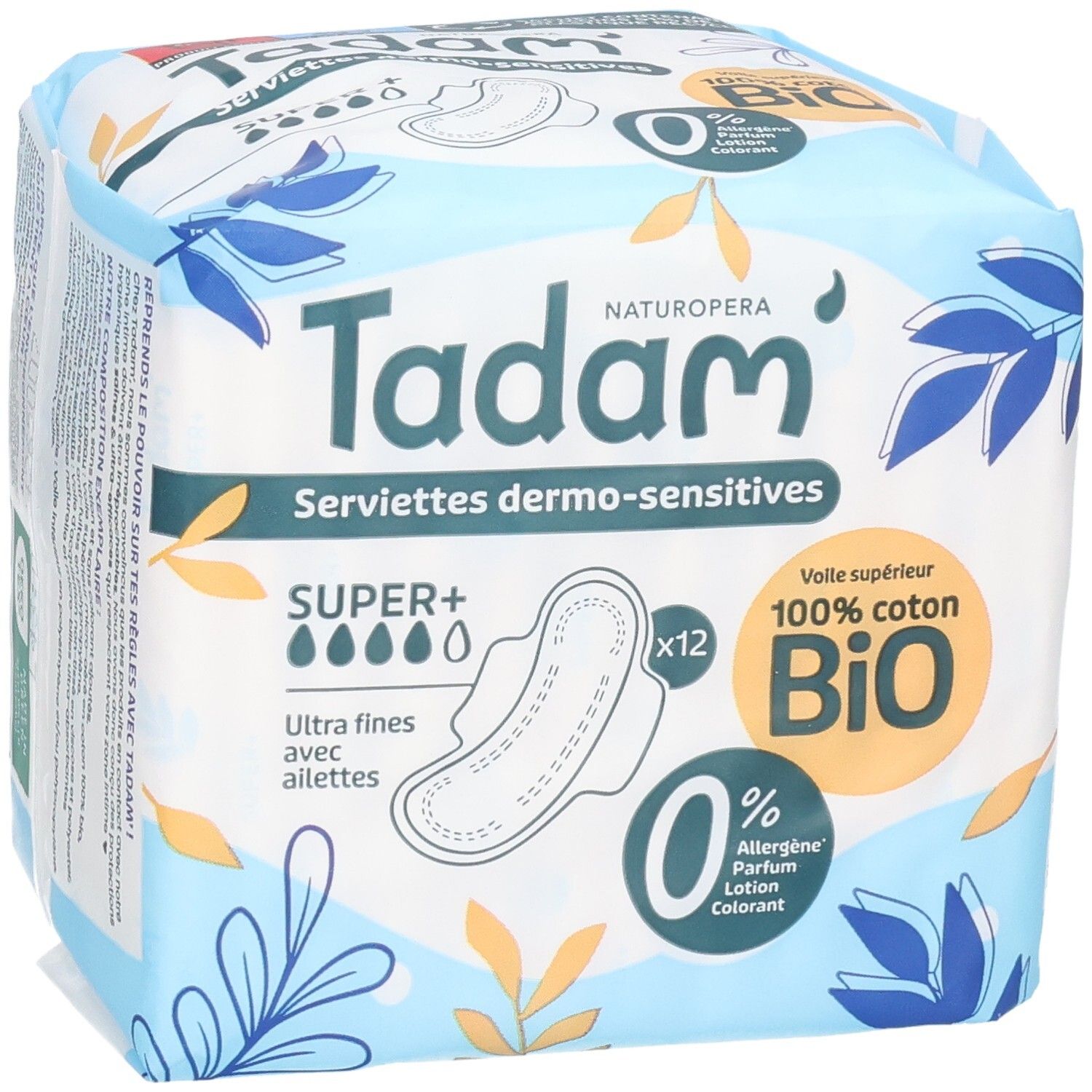 Verpackung Tadam Serviettes Dermo-Sensitives Super+, 12 ultrafeine Slipeinlagen mit Flügeln, 100% Bio-Baumwolle.