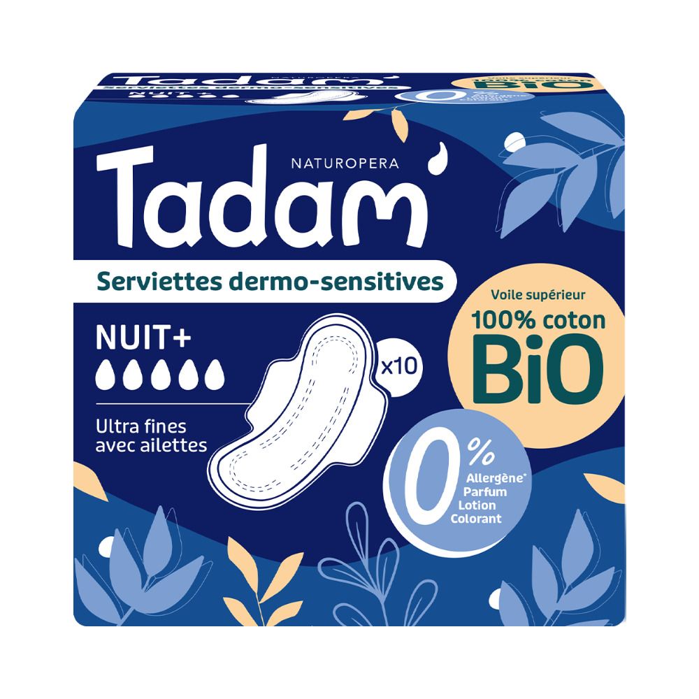 Tadam Serviettes Dermo-Sensitives Nuit+ Damenbinden, 10 Stück. 100% Bio-Baumwolle.