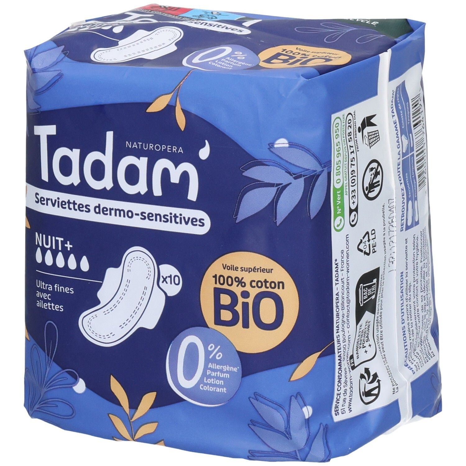 Tadam Serviettes Dermo-Sensitives Nuit+ Damenbinden, 10 Stück. Rückseite mit Produktinformationen.
