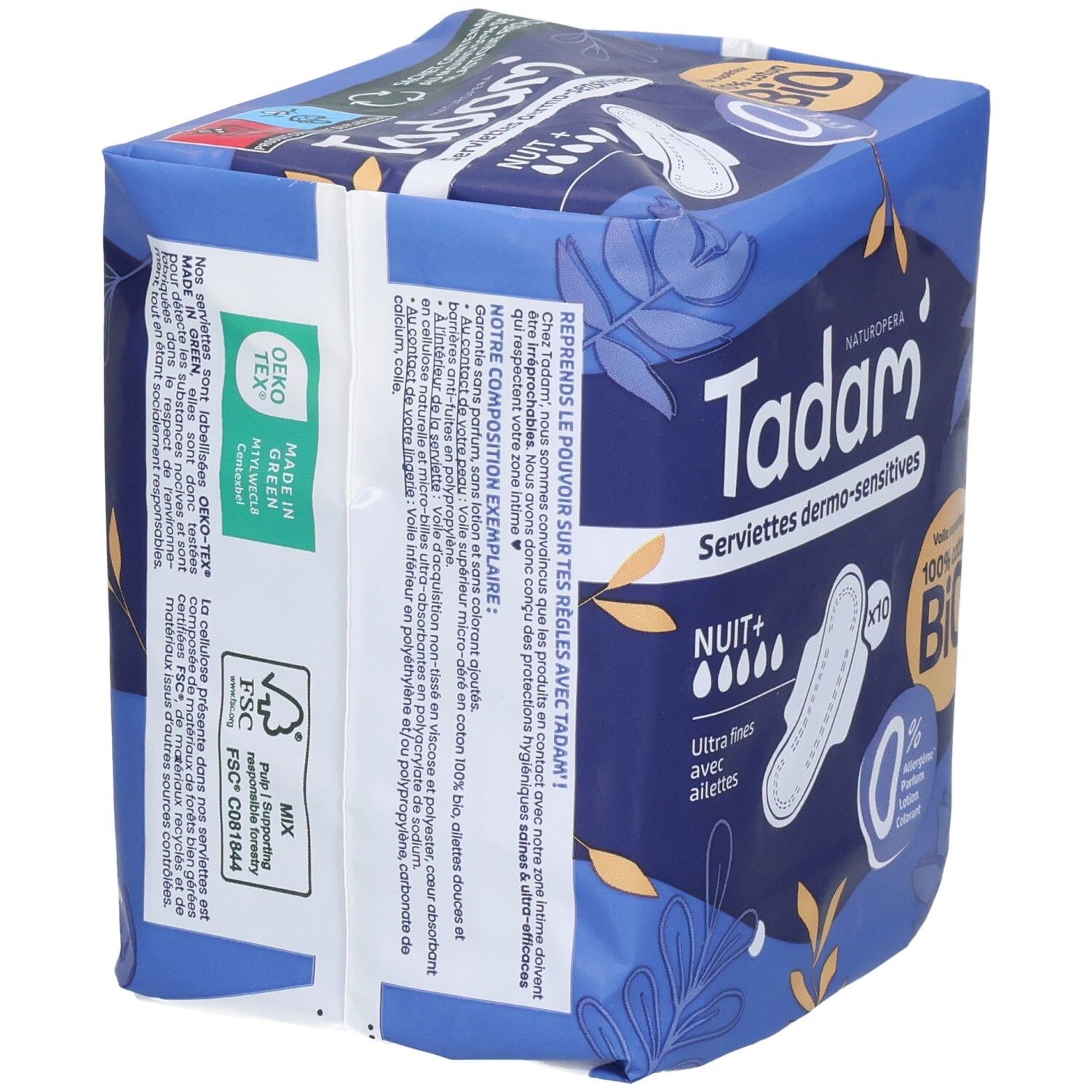 Tadam Serviettes Dermo-Sensitives Nuit+ Damenbinden, 10 Stück. Seitenansicht mit OEKO-TEX Zertifizierung.