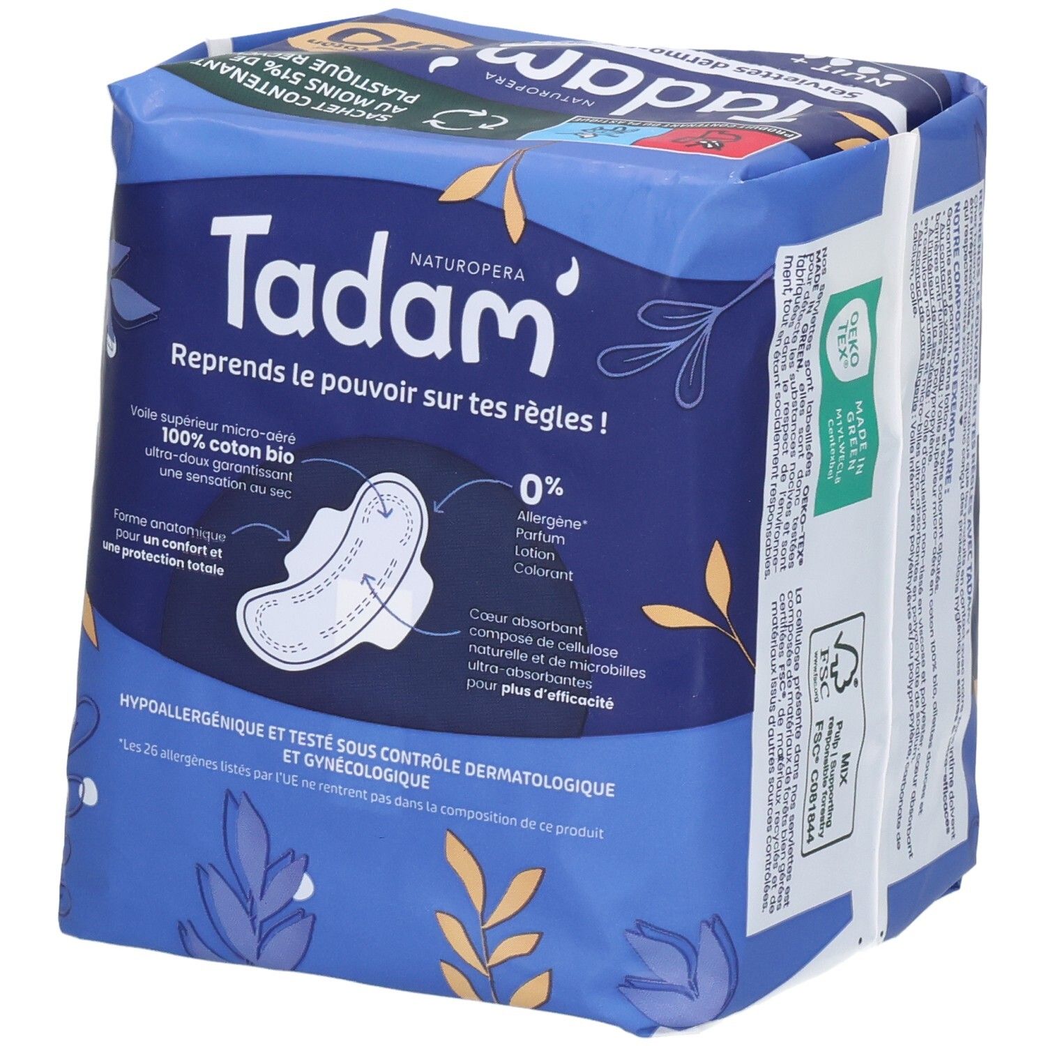 Tadam Serviettes Dermo-Sensitives Nuit+ Damenbinden, 10 Stück. Vorderseite mit Produktmerkmalen.