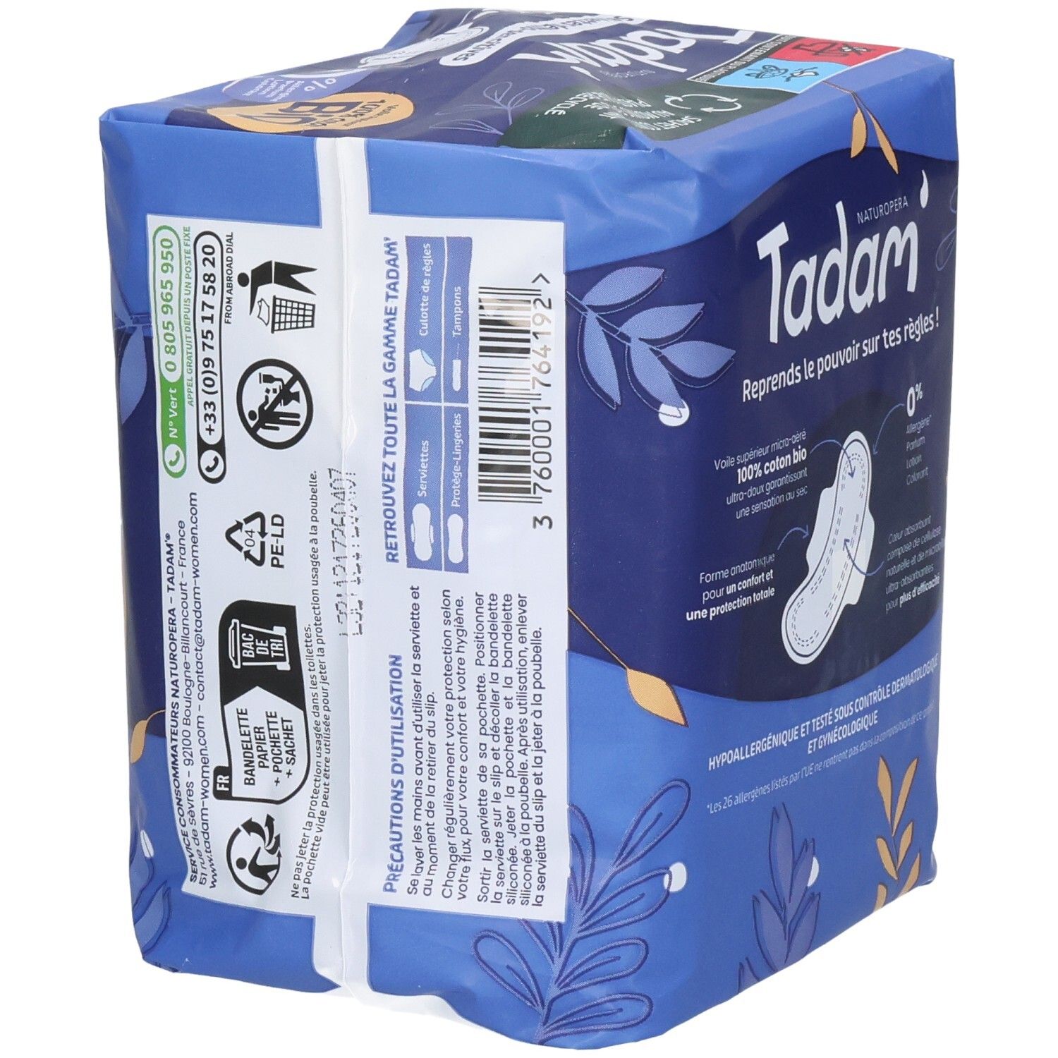 Tadam Serviettes Dermo-Sensitives Nuit+ Damenbinden, 10 Stück. Seitenansicht mit Anwendungshinweisen.