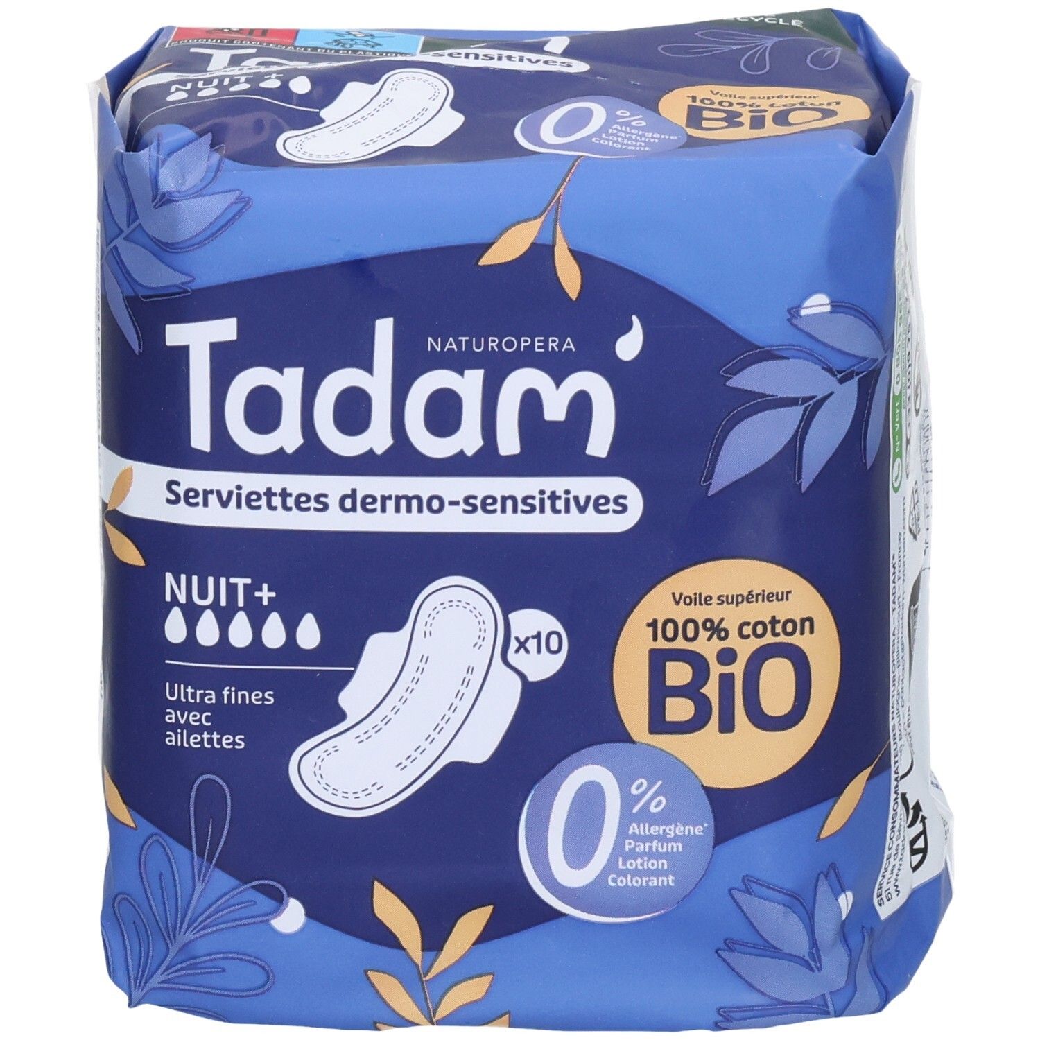 Tadam Serviettes Dermo-Sensitives Nuit+ Damenbinden, 10 Stück. Vorderseite mit Produktmerkmalen.