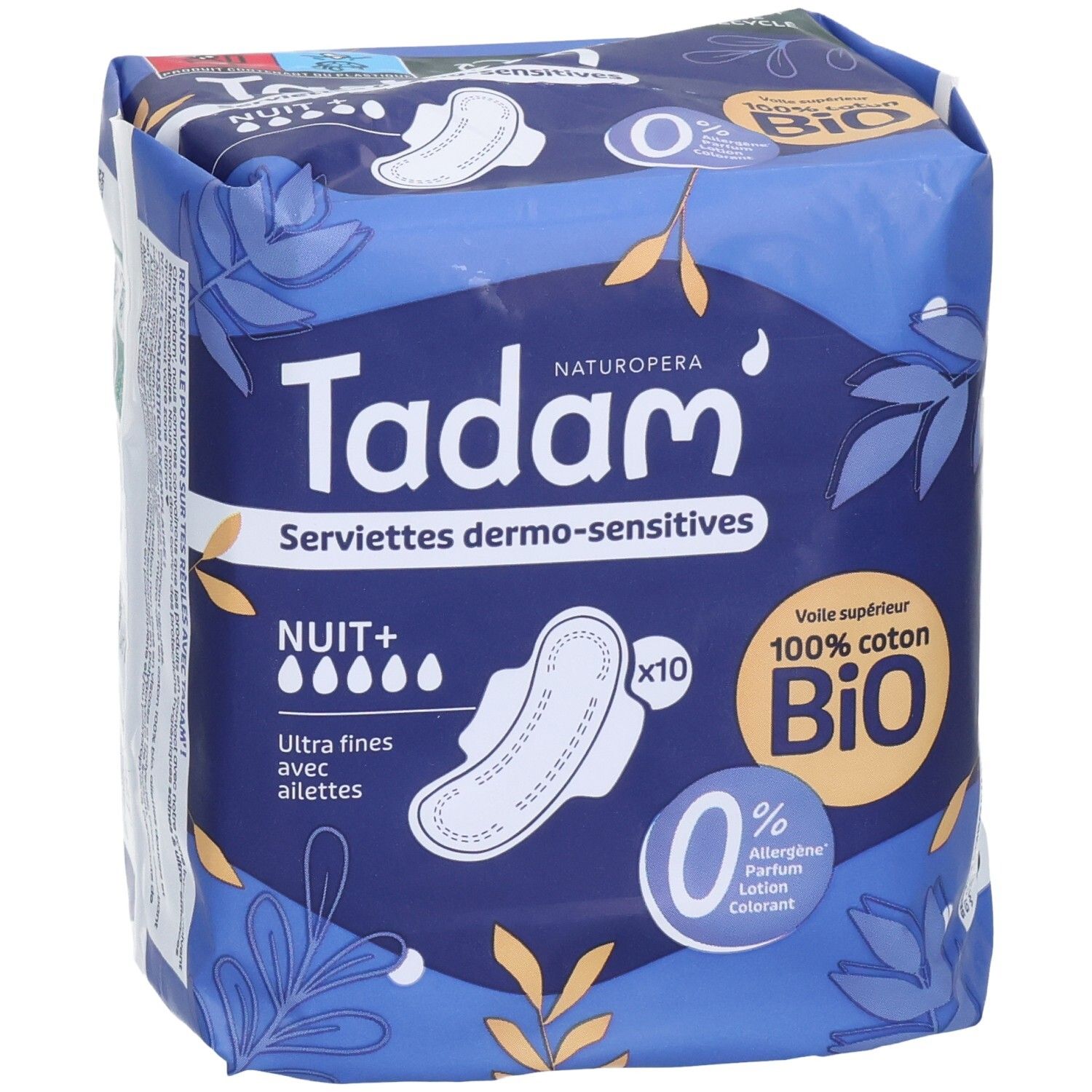 Tadam Serviettes Dermo-Sensitives Nuit+ Damenbinden, 10 Stück. Vorderseite mit Produktmerkmalen.