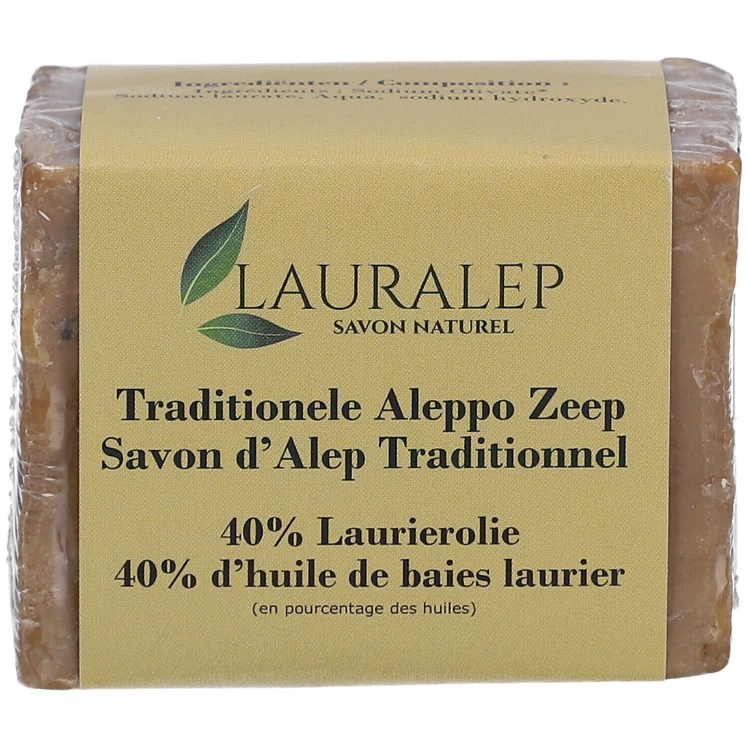 Bloc de savon rectangulaire emballé. Étiquette: LAURALEP, Savon d'Alep, 40% huile de baies de laurier.