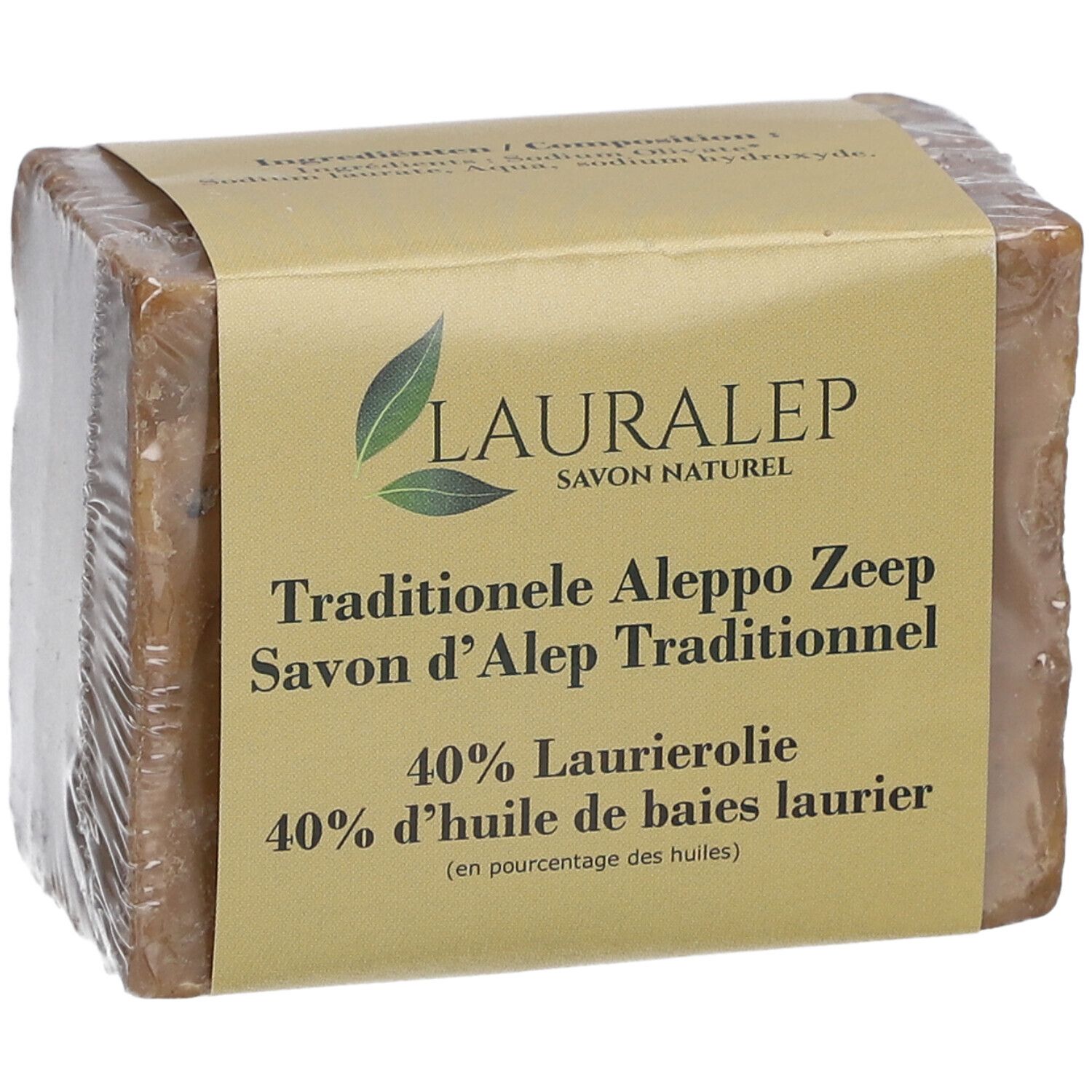 Bloc de savon rectangulaire emballé. Étiquette: LAURALEP, Savon d'Alep, 40% huile de baies de laurier.
