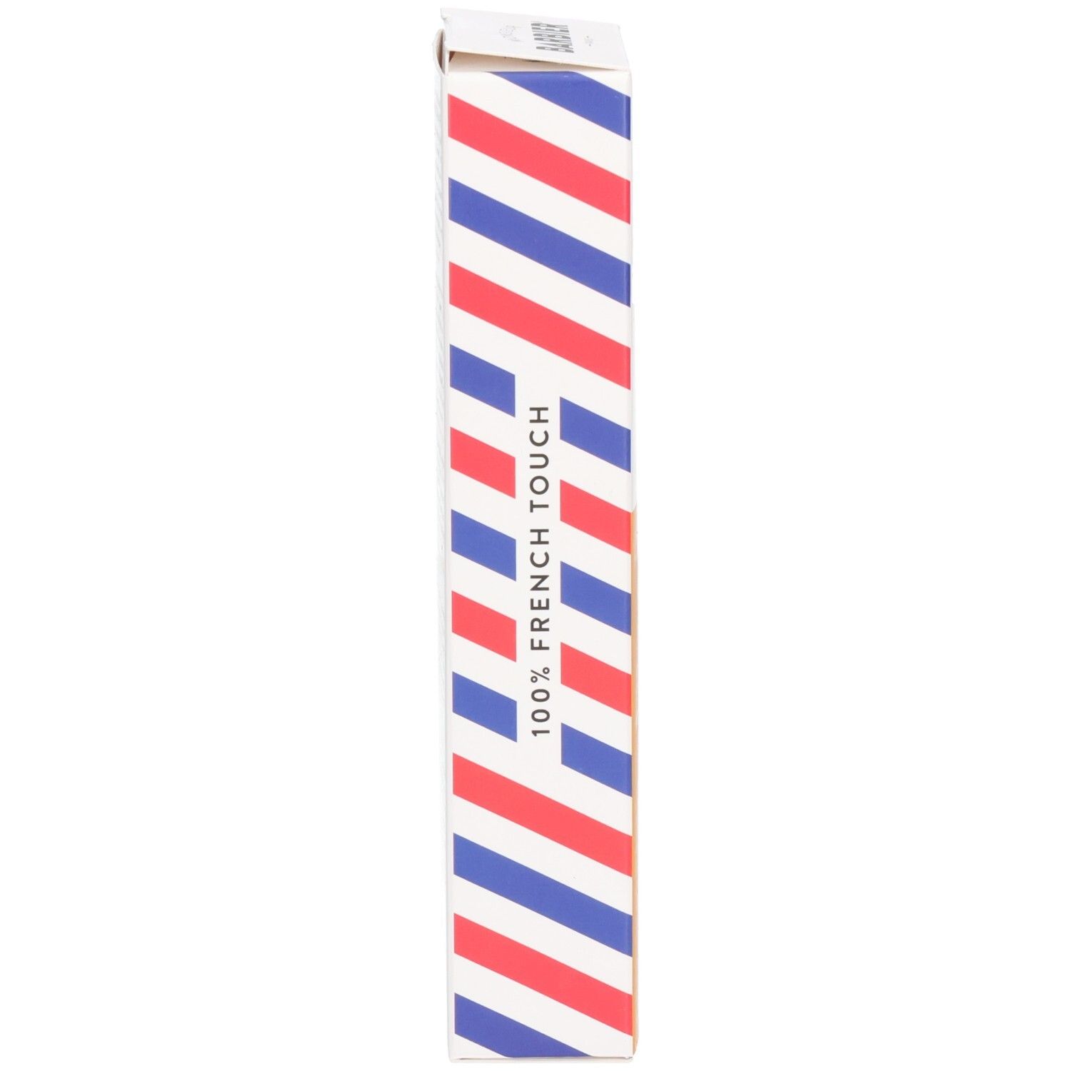 Schmale, längliche Schachtel mit rot-weiß-blauen Streifen. Aufschrift: 100% FRENCH TOUCH. Monsieur BARBIER Logo oben.