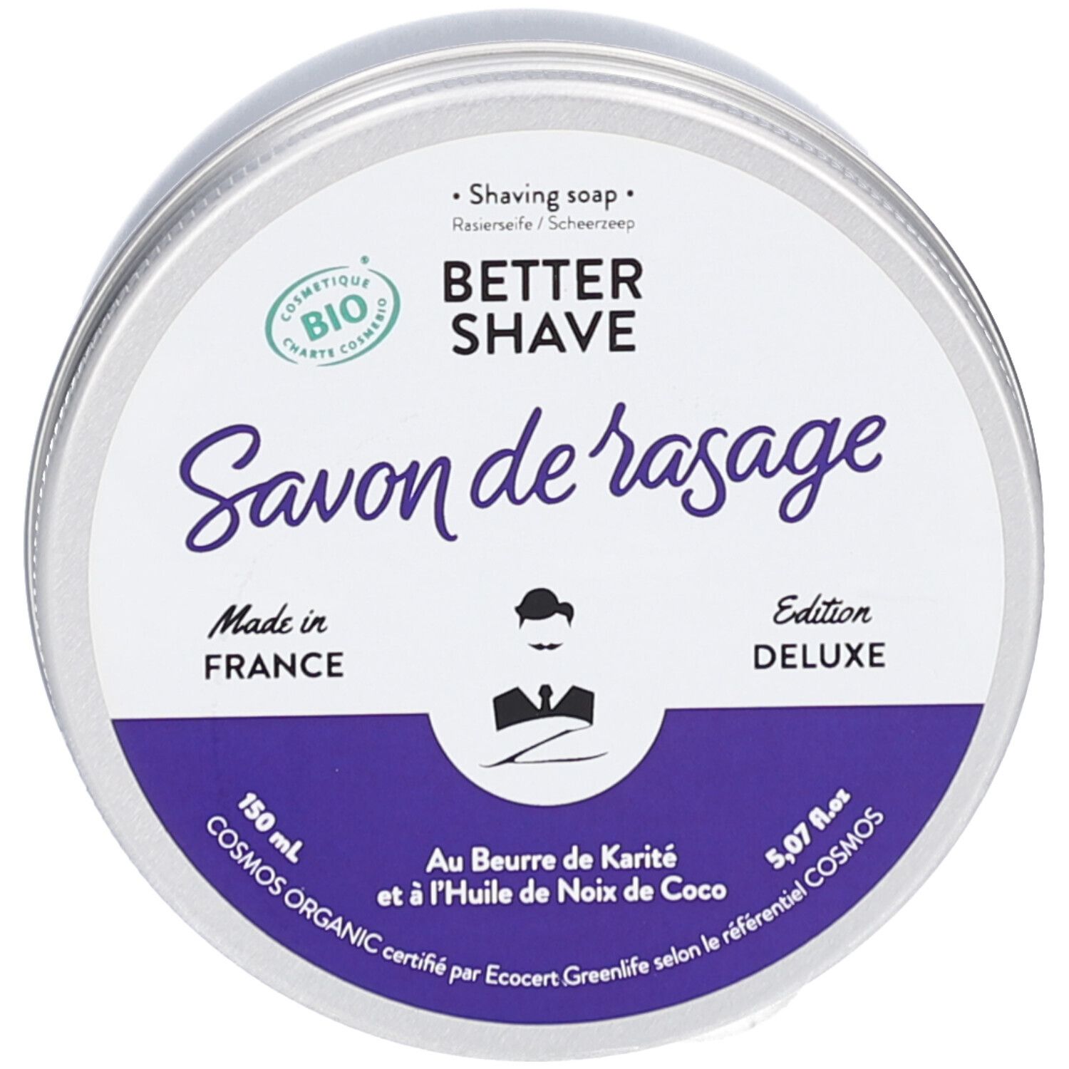 Rasierschaum in Dose. Aufschrift: Better Shave, Savon de rasage, Made in France, Cosmos Organic. Bio-Zertifizierung.