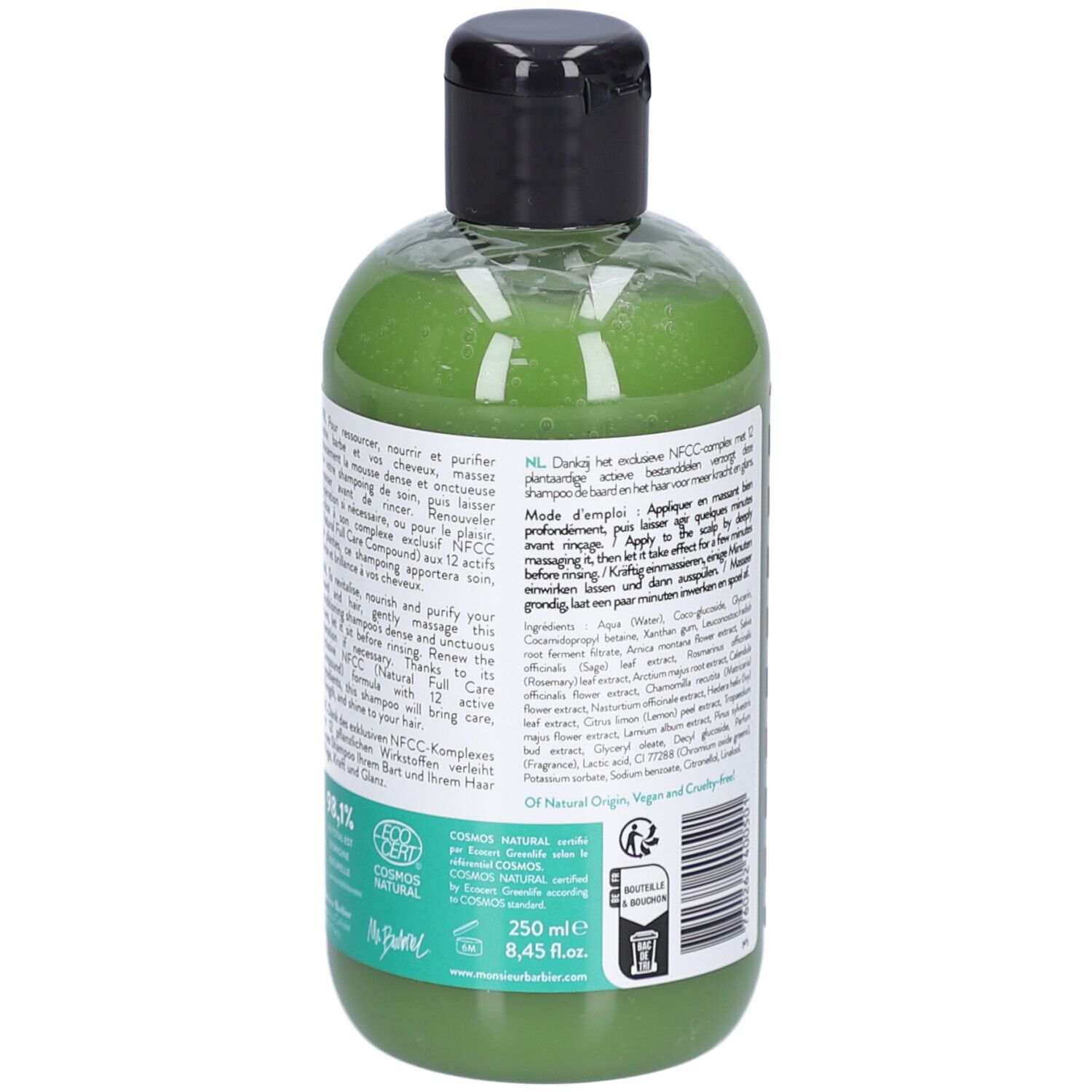 Rückseite der Shampoo-Flasche. Text mit Inhaltsstoffen und Anwendungshinweisen. 250 ml.