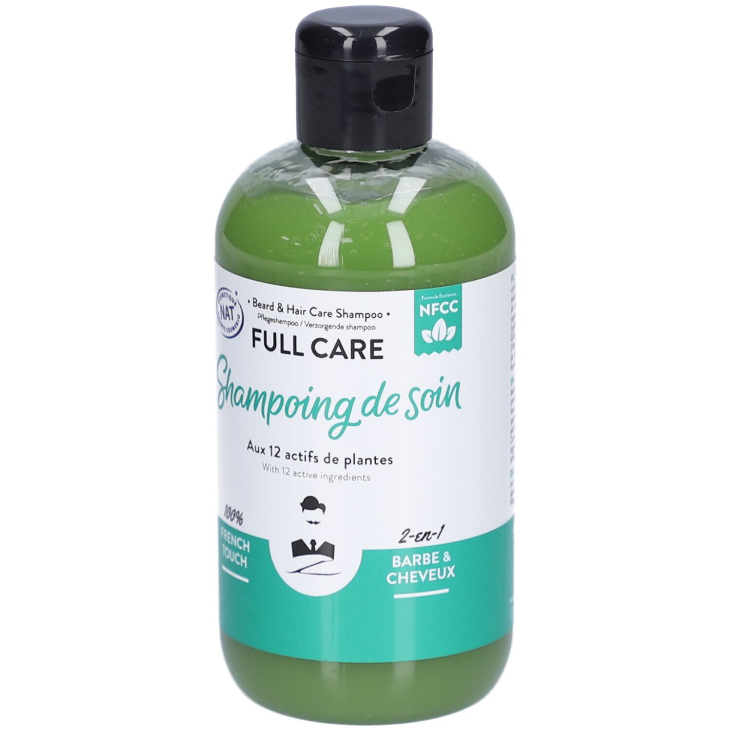 Grünes Shampoo in einer transparenten Flasche mit schwarzem Deckel. Aufschrift: FULL CARE, 2-in-1 Bart- und Haarshampoo.