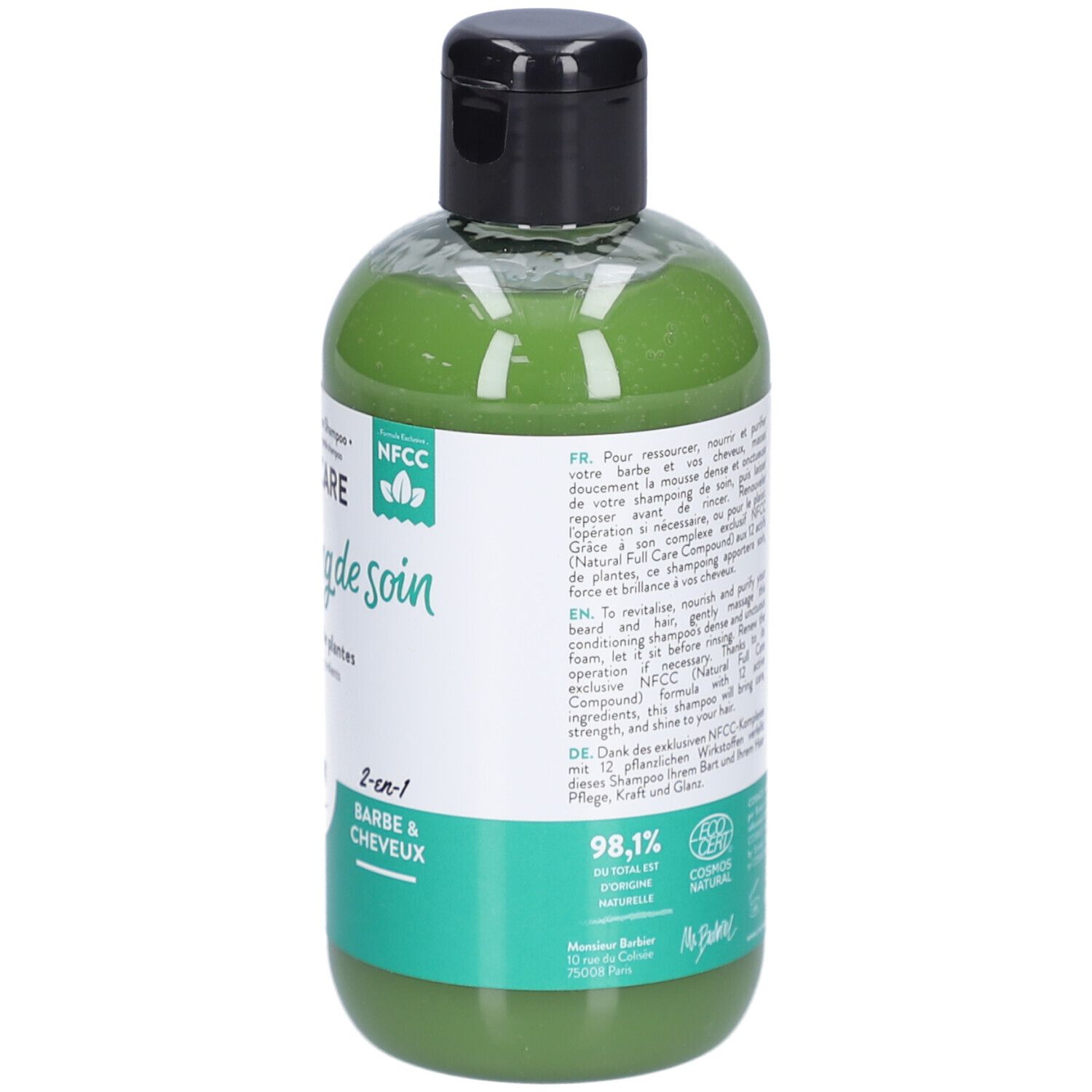 Rückseite der Shampoo-Flasche. Text mit Inhaltsstoffen und Anwendungshinweisen. 98,1% natürliche Inhaltsstoffe.