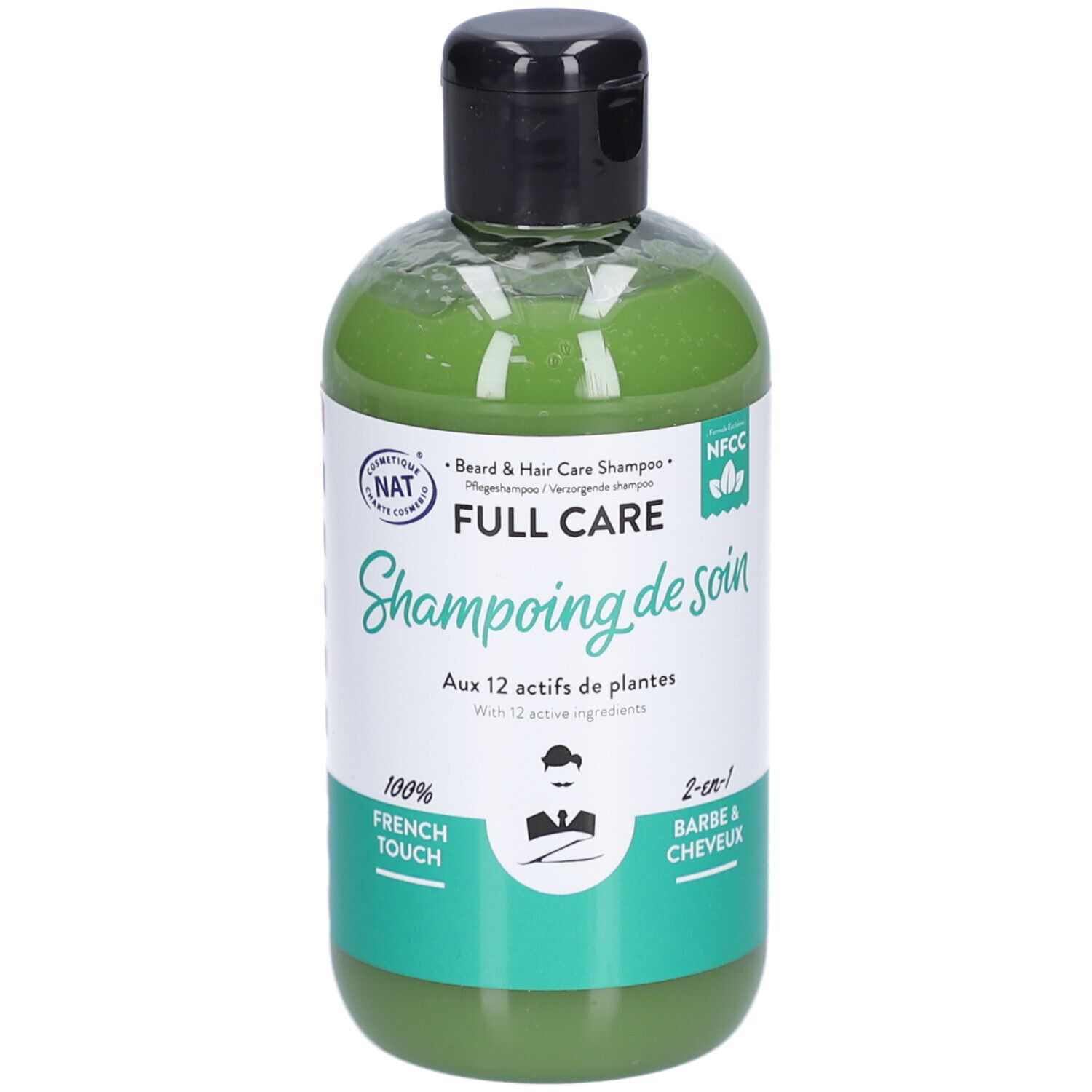 Grünes Shampoo in einer transparenten Flasche mit schwarzem Deckel. Aufschrift: FULL CARE, 2-in-1 Bart- und Haarshampoo.
