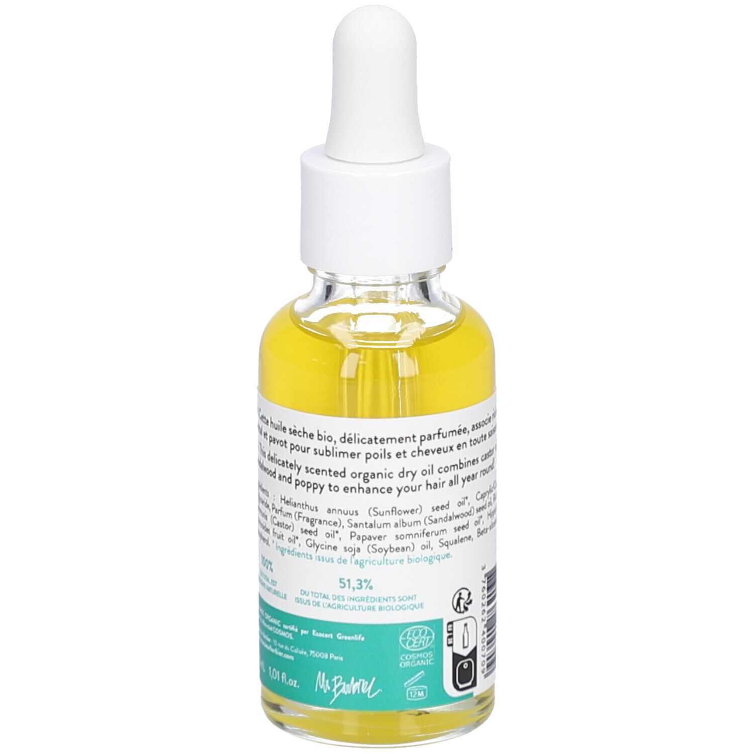 Glasflasche mit gelbem Öl und Pipette. Bio-Zertifizierung. Text: Huile sèche, Inhaltsstoffe, 51,3% biologisch.