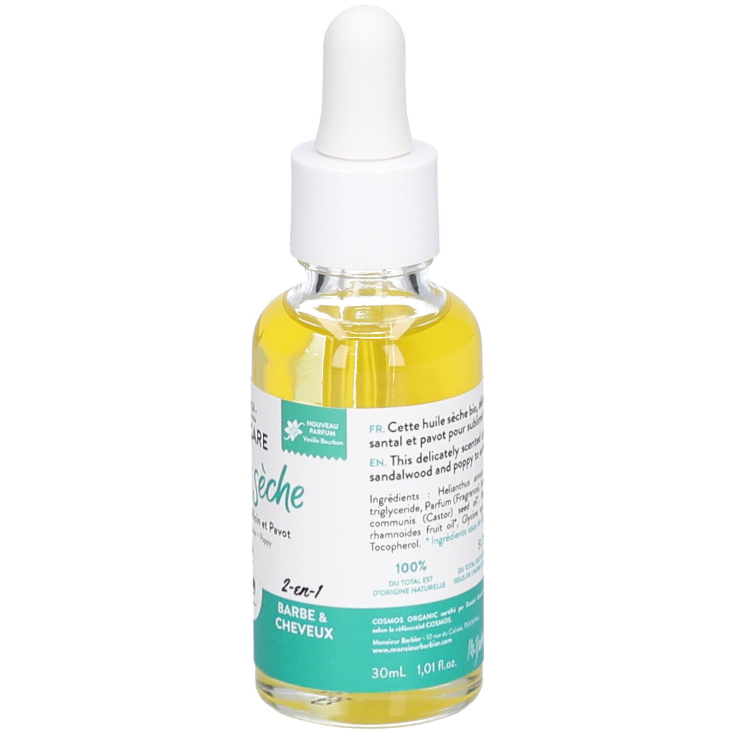 Glasflasche mit gelbem Öl und Pipette. Text: Huile sèche, 2-en-1 Barbe & Cheveux, 30ml, 1,01 fl oz.