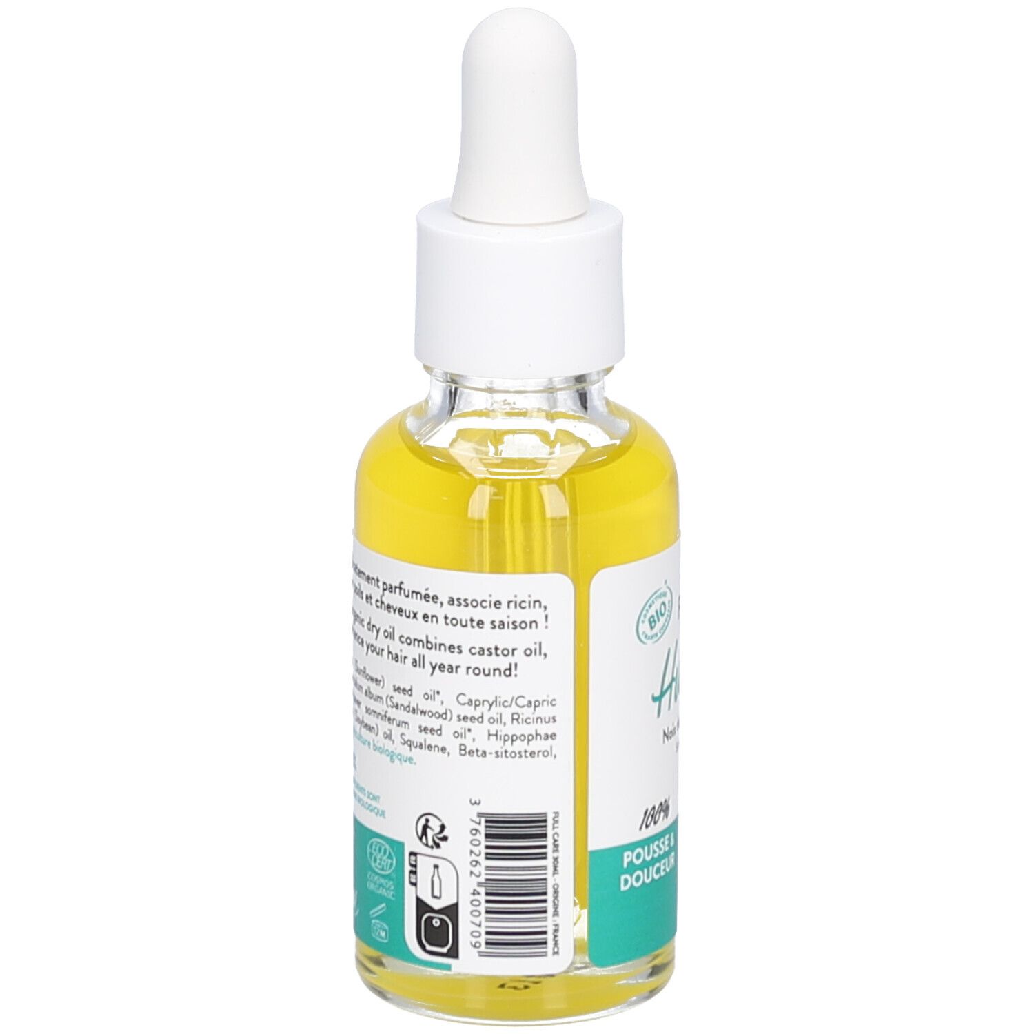 Glasflasche mit gelbem Öl und Pipette. Bio-Zertifizierung. Text: Huile sèche, Inhaltsstoffe, 100% Pousse & douceur.