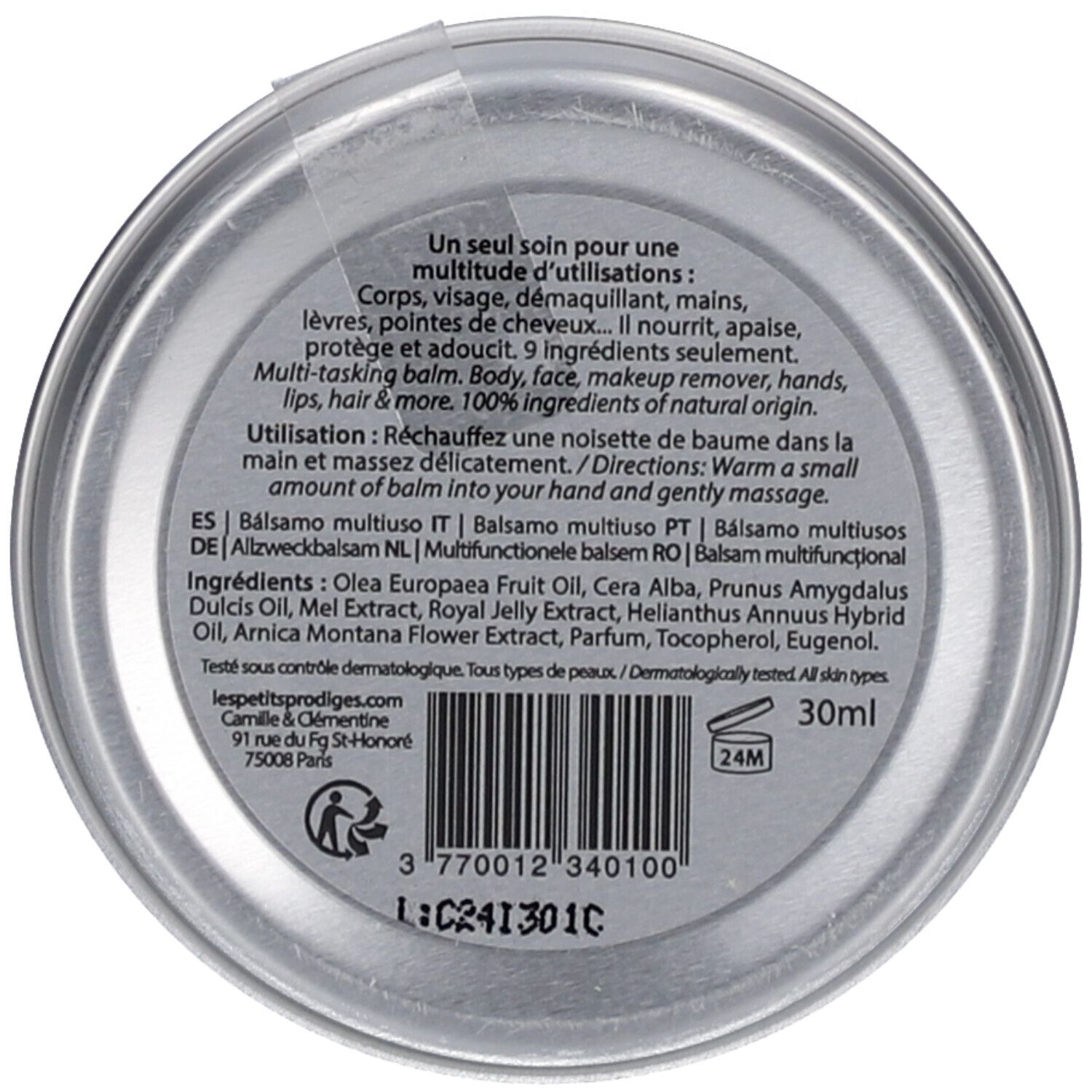 Runde Dose. Text: Multi-tasking balm. Inhaltsstoffe, Gebrauchsanweisung. 30ml. Dermatologisch getestet. 24M-Symbol.