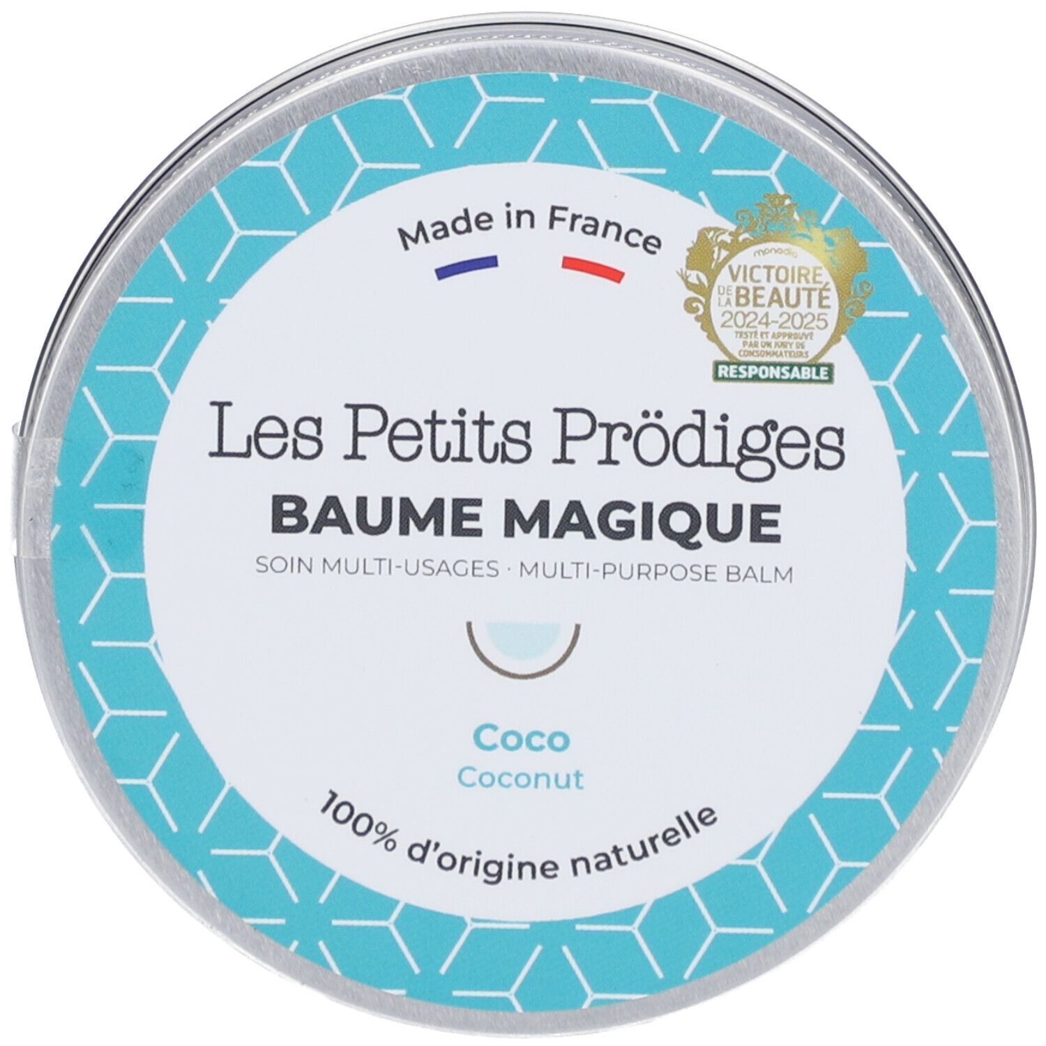 Boîte ronde avec motif bleu et blanc. Inscription "Baume Magique", "Coco". Labels "Made in France" et "Victoire de la Beauté".