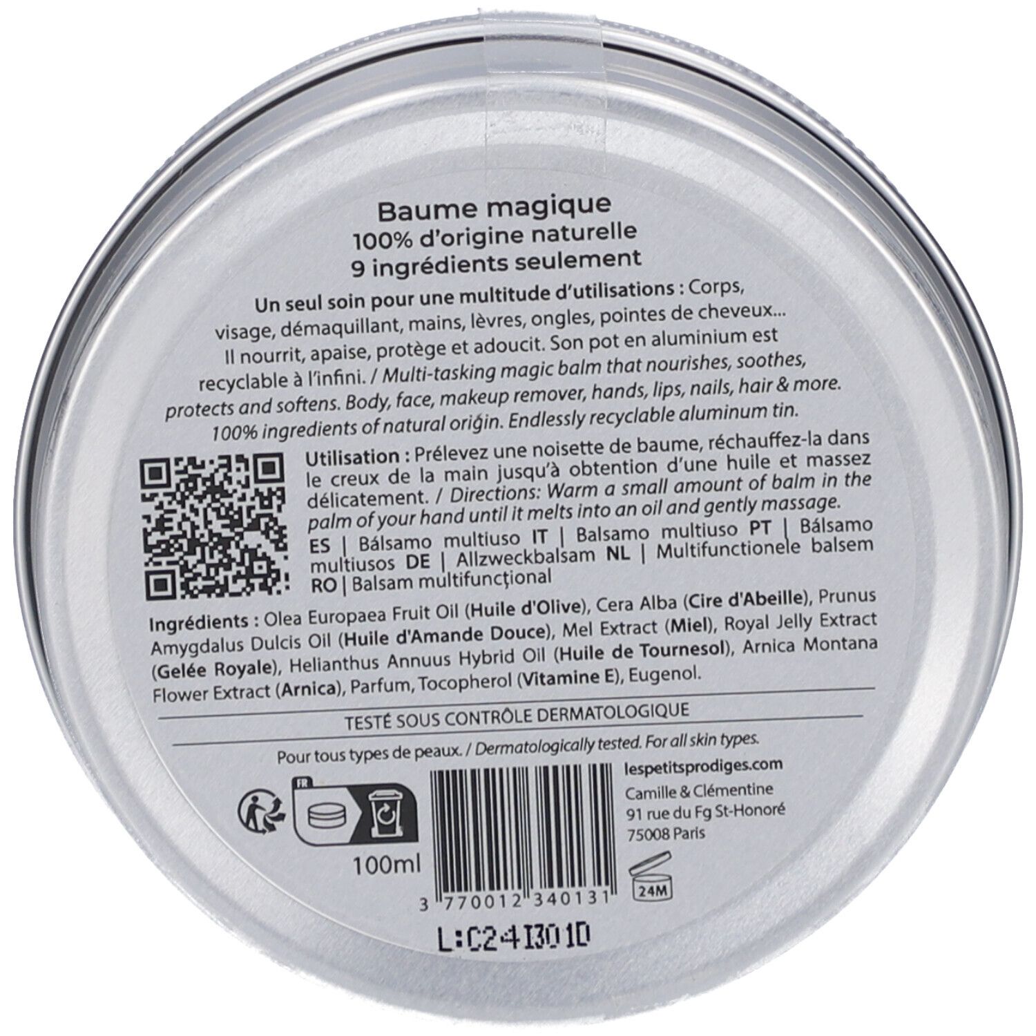 Boîte ronde avec texte. Contient ingrédients, instructions et QR code. Inscription "Baume magique", "100% d'origine naturelle".