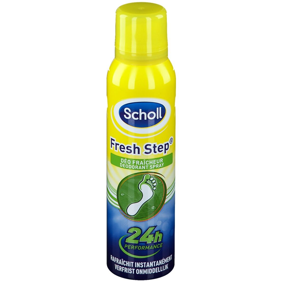 Bombe aérosol jaune avec bouchon jaune. Inscription : Scholl Fresh Step, symbole de pied, 24h Performance.