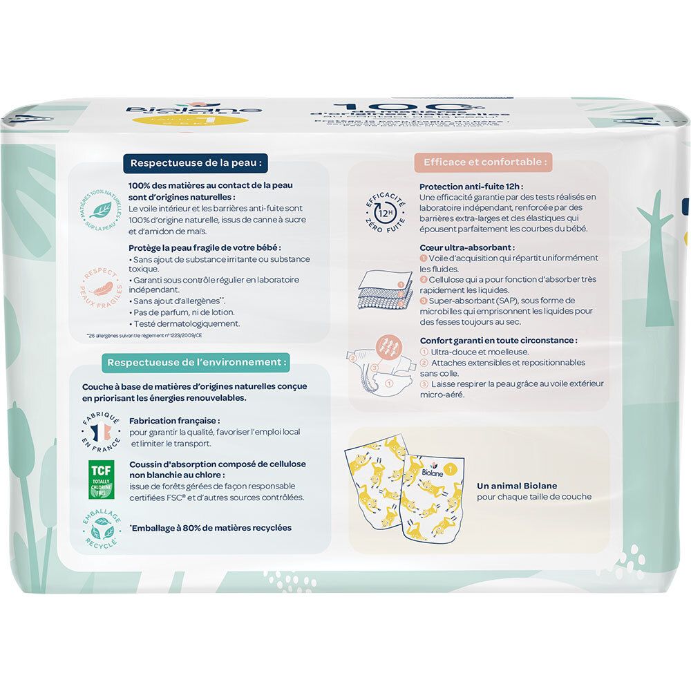 Rückseite der Biolane Bio-Windel-Verpackung. Informationen zu Inhaltsstoffen und Eigenschaften.