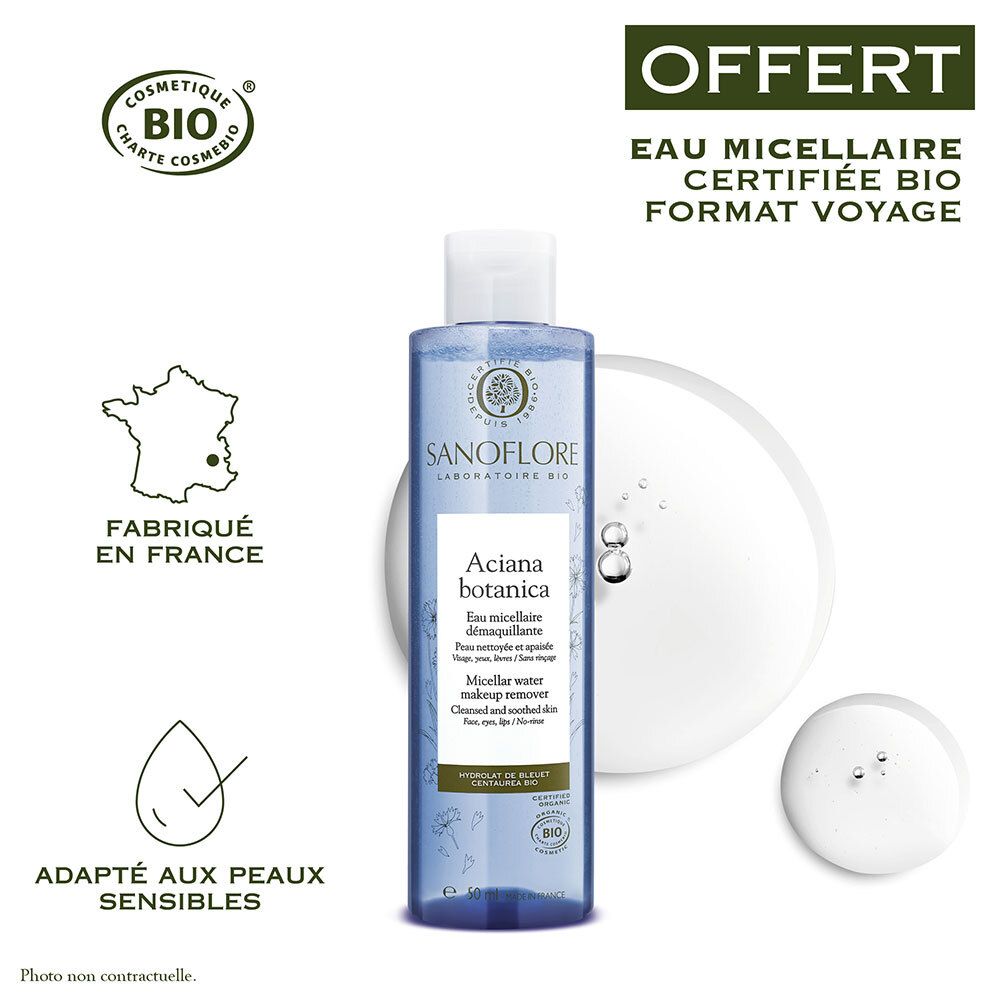 Blaue Flasche mit weißem Deckel. 'Eau micellaire' und 'Aciana botanica'. Bio-Zertifizierung. Hergestellt in Frankreich.