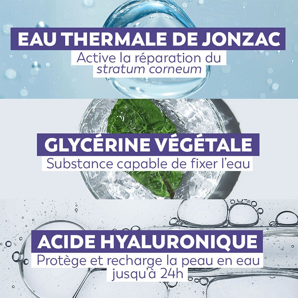Drei Textblöcke: Eau Thermale de Jonzac, Glycérine Végétale, Acide Hyaluronique. Inhaltsstoffe und deren Wirkung.