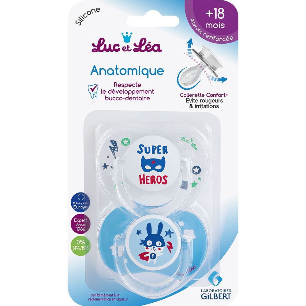 Luc et Léa 2 Schnuller anatomisch Super Hero +18 Monate mit Ring (Farbe nicht wählbar).
