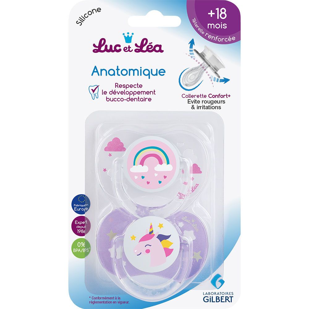Verpackung mit zwei Schnullern. Einhorn- und Regenbogen-Motiv. Marke Luc et Léa. +18 Monate.