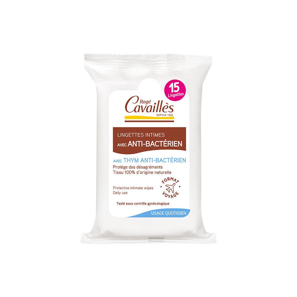 Paquet de lingettes intimes Rogé Cavaillès antibactériennes. Inscription et logo. Contient 15 lingettes.