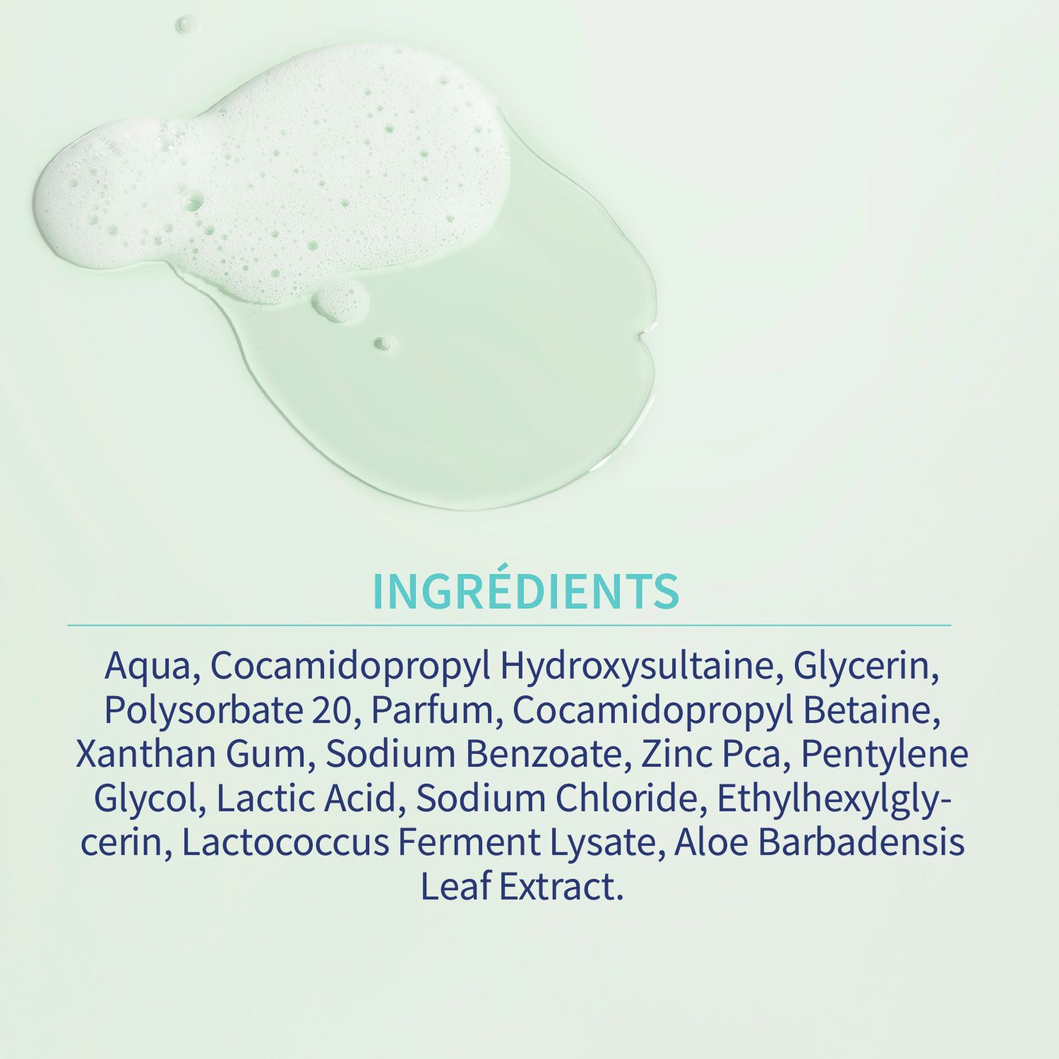 Inhaltsstoffe des Duschgels. Text auf blauem Hintergrund.