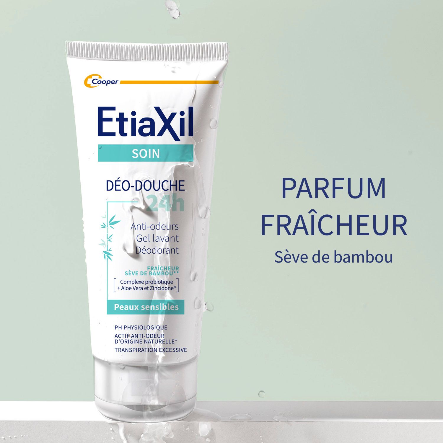 Etiaxil Duschgel Tube. Text: Frische Bambus-Essenz. Wasser-Effekt.