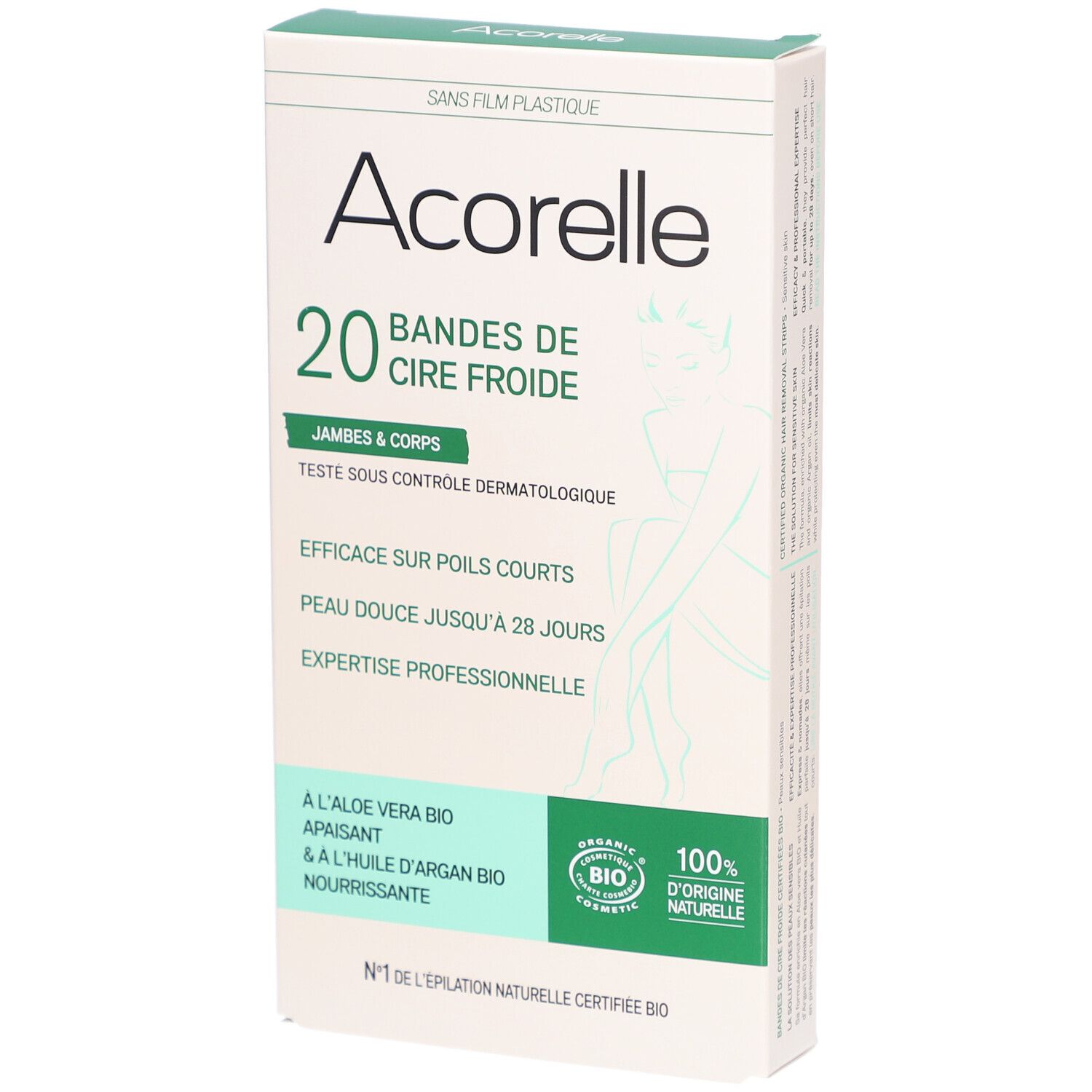 Boîte Acorelle, 20 bandes de cire froide. Inscriptions : jambes & corps, aloe vera bio, huile d'argan bio.
