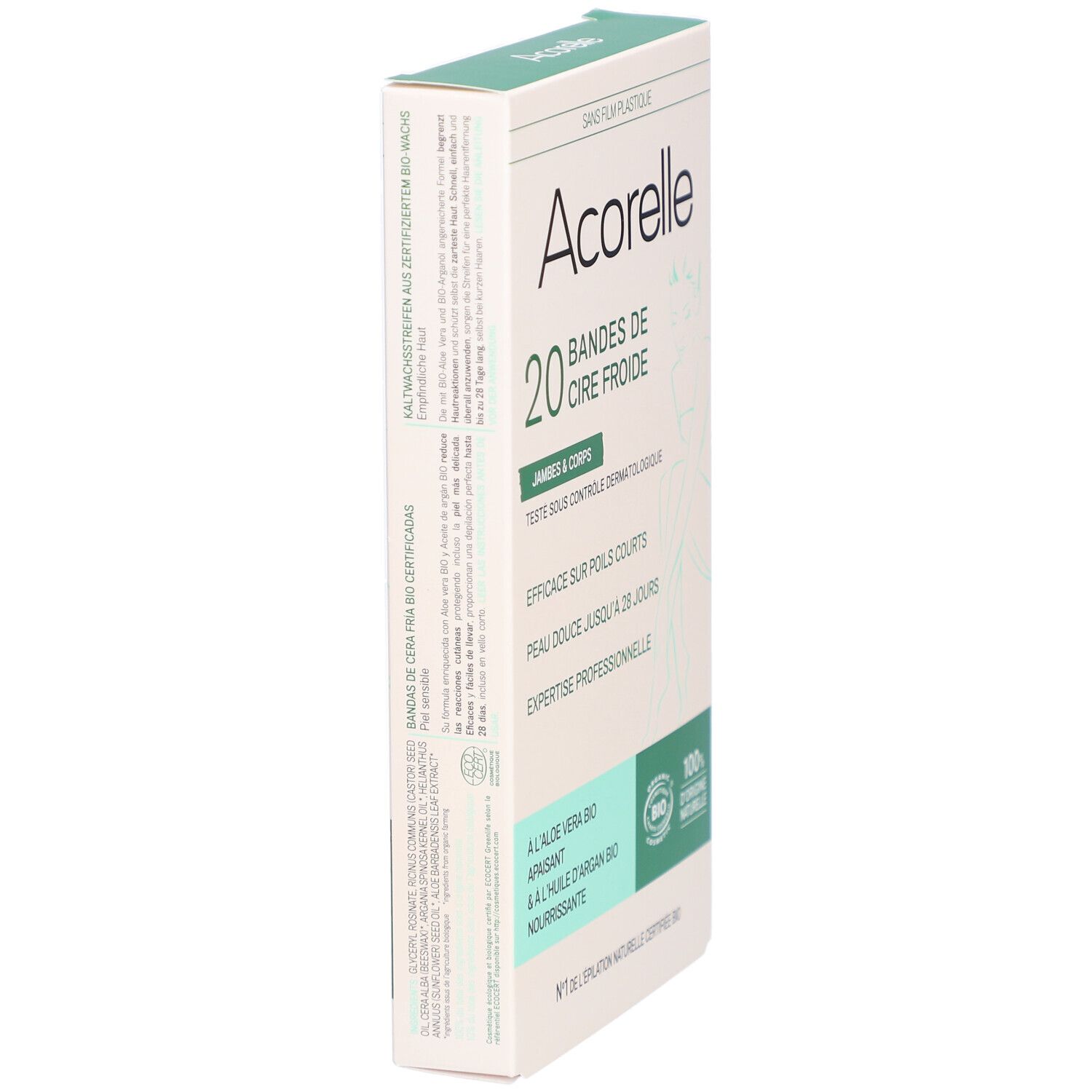 Vue latérale de la boîte Acorelle. Inscriptions : 20 bandes de cire froide, jambes & corps, aloe vera bio.