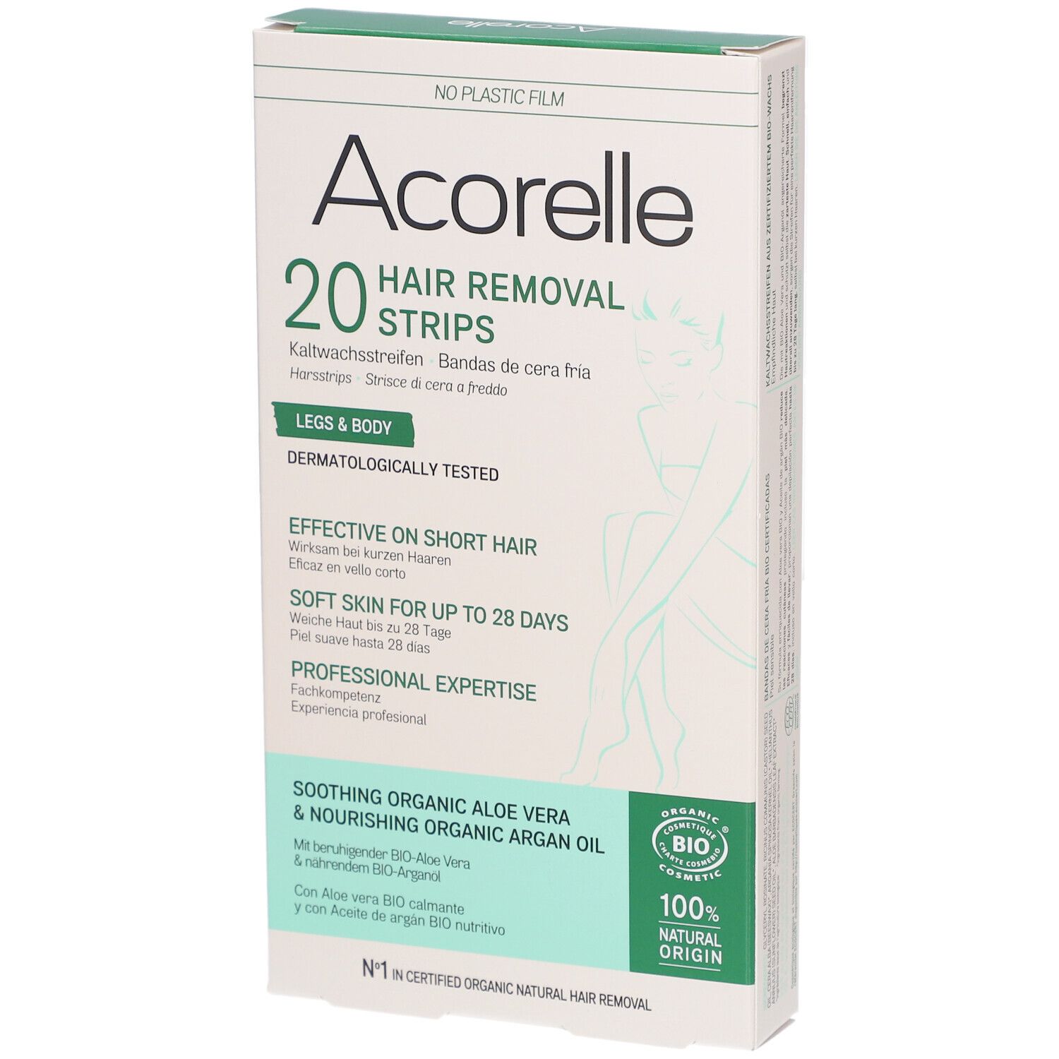 Boîte Acorelle, 20 bandes dépilatoires. Inscriptions : jambes & corps, aloe vera bio, huile d'argan bio.