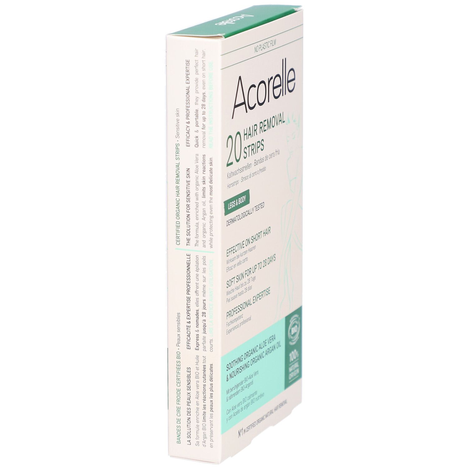 Vue latérale de la boîte Acorelle. Inscriptions : 20 Hair Removal Strips, jambes & corps, aloe vera bio.