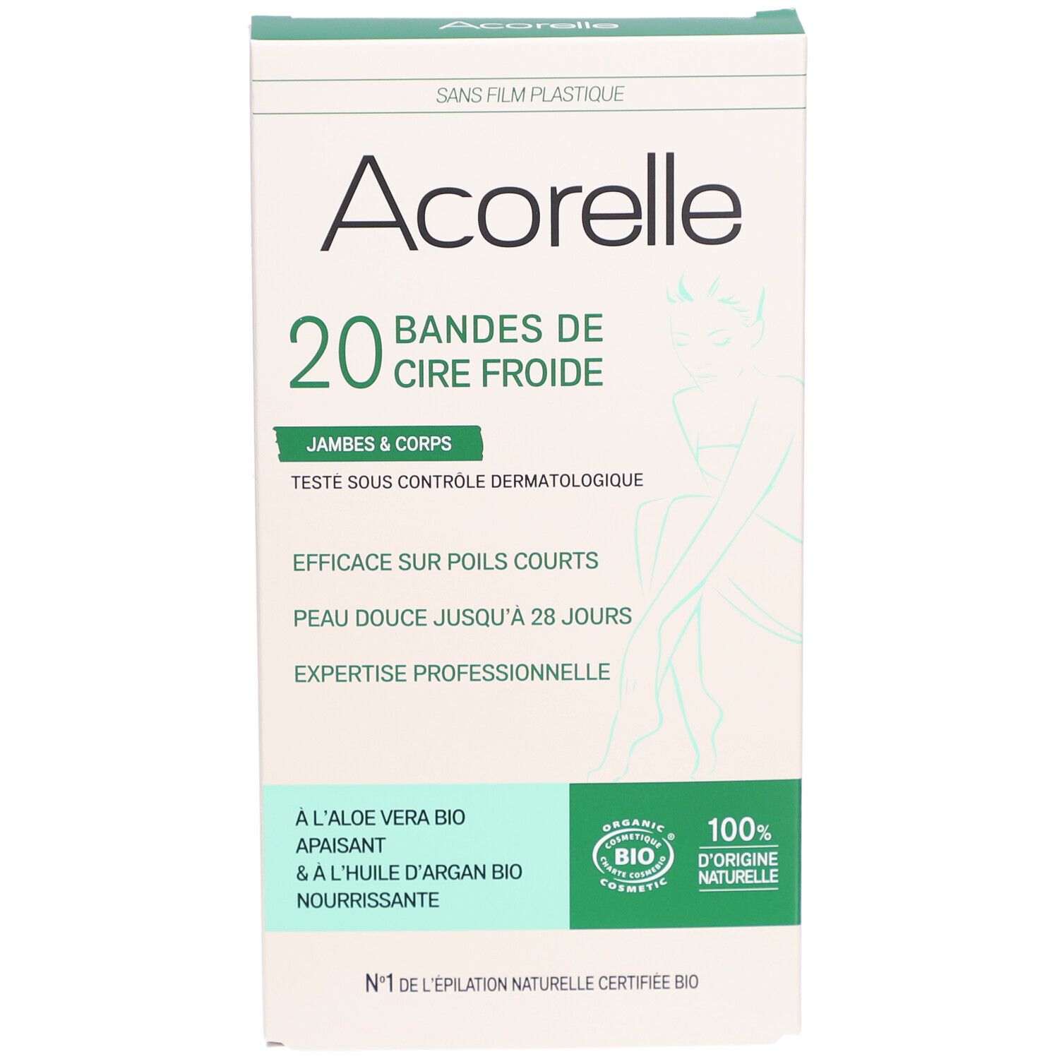 Boîte Acorelle, 20 bandes de cire froide. Inscriptions : jambes & corps, aloe vera bio, huile d'argan bio.
