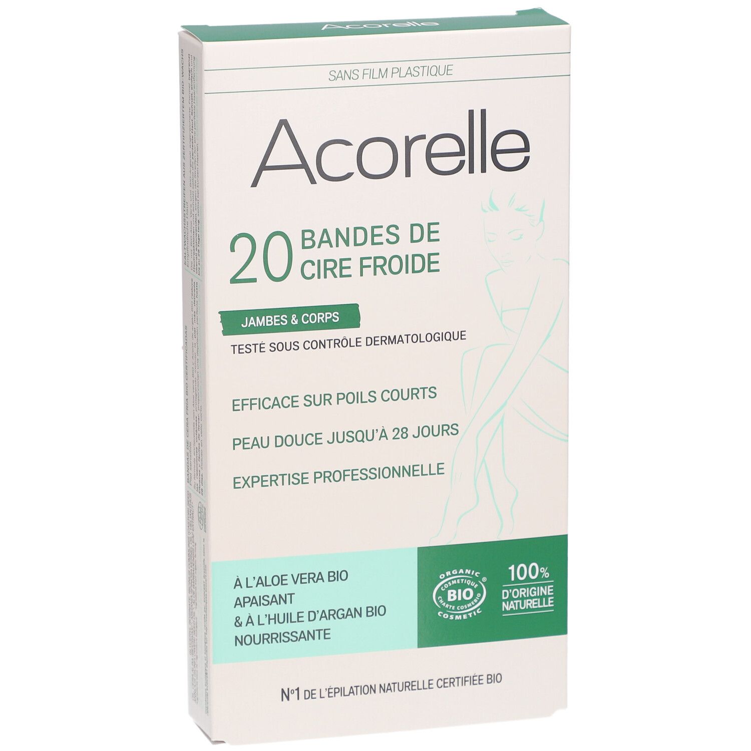 Boîte Acorelle, 20 bandes de cire froide. Inscriptions : jambes & corps, aloe vera bio, huile d'argan bio.