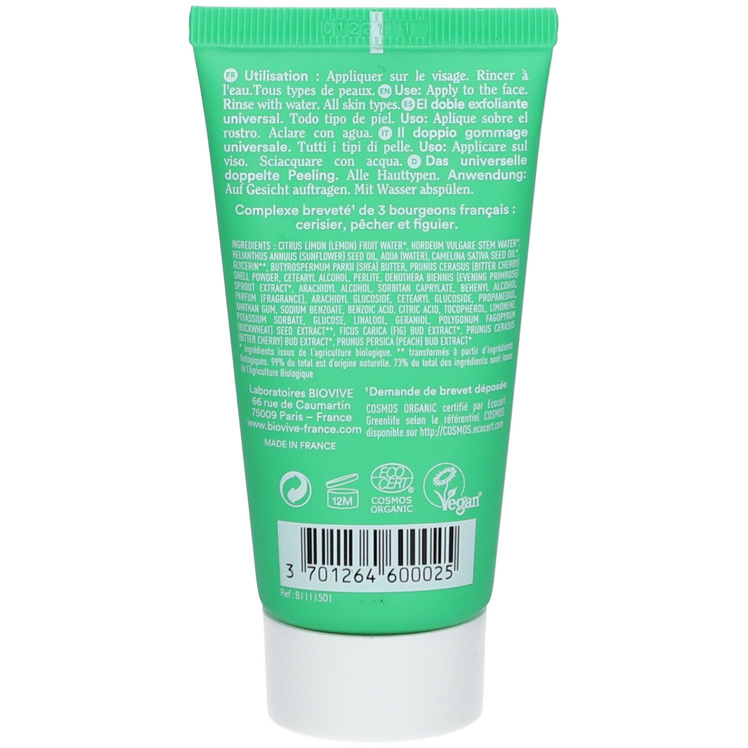 Dos du tube vert BIOVIVE. Texte avec instructions et ingrédients. Logo COSMOS ORGANIC et label Vegan.