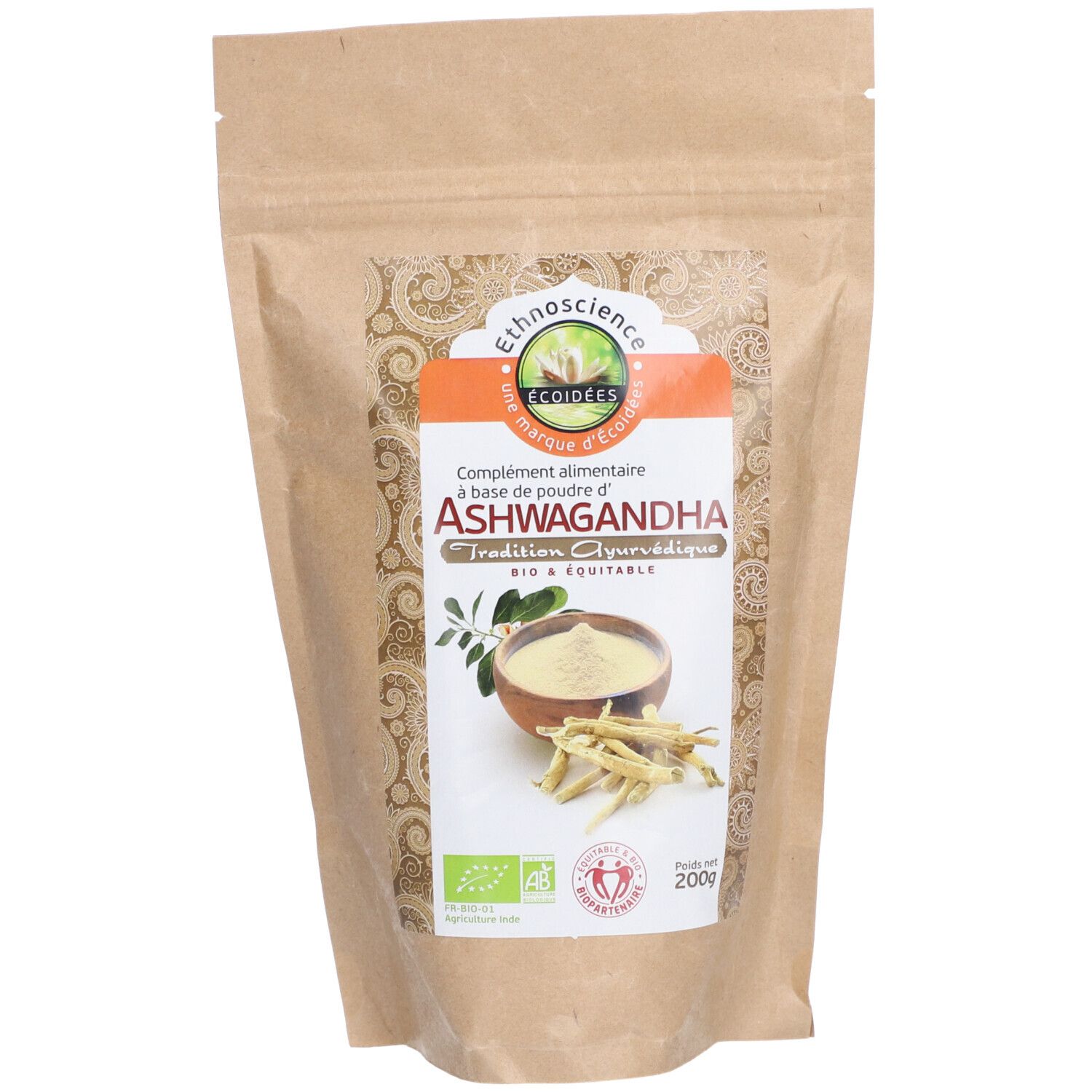 Beutel mit Ashwagandha-Pulver. Aufdruck mit Produktname, Logo und Bio-Siegel. Braune Verpackung.