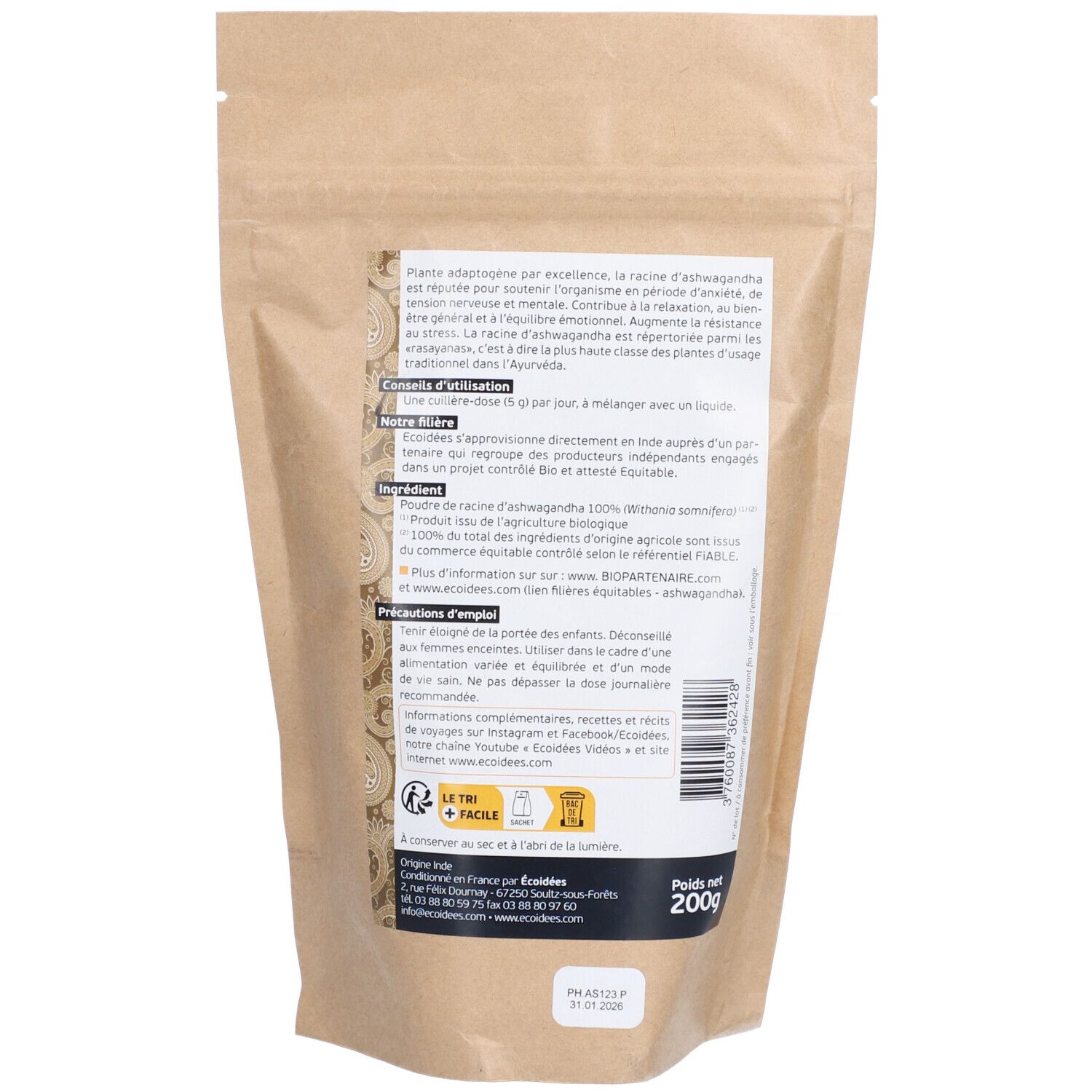 Rückseite der Ashwagandha-Verpackung. Textinformationen, Zutatenliste, Bio-Siegel und Gewicht.