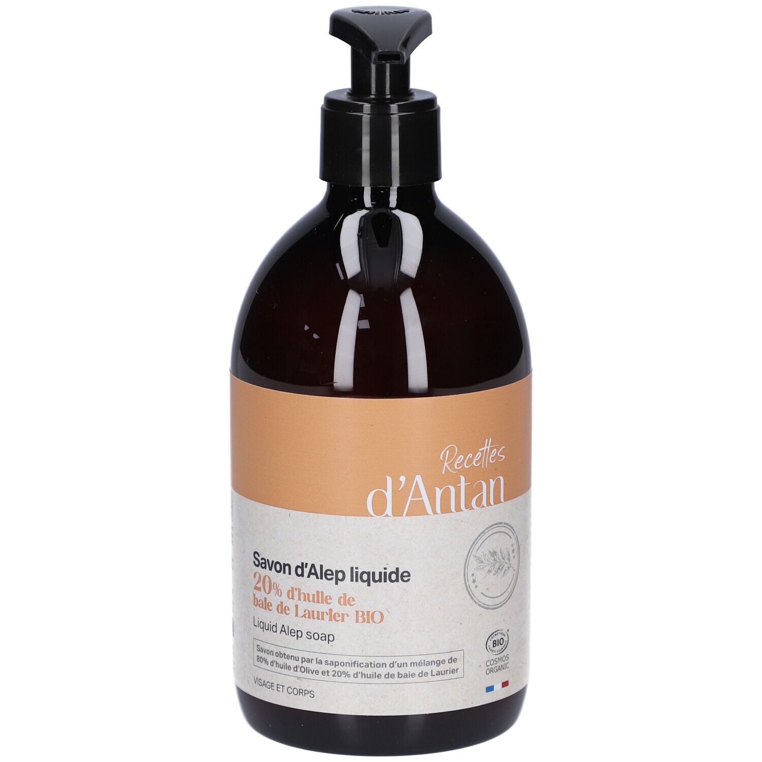 Braune Flasche mit schwarzem Pumpverschluss. Etikett mit Text: Savon d'Alep liquide, 20% d'huile de Laurier BIO. Bio-Zertifizierung.