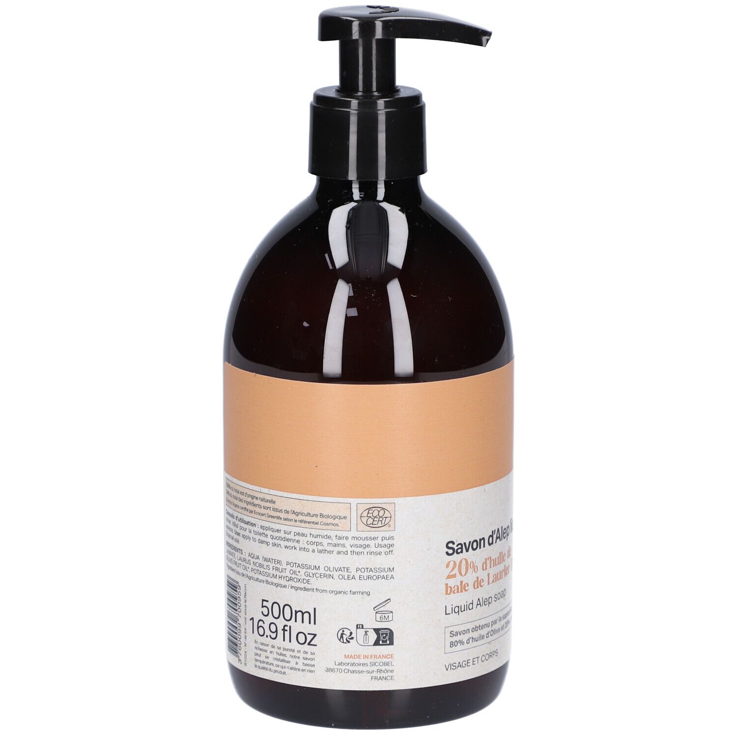 Rückseite der braunen Flasche mit schwarzem Pumpverschluss. Etikett mit Text und Inhaltsstoffen. Volumen: 500ml/16.9 fl oz. Bio-Zertifizierung.