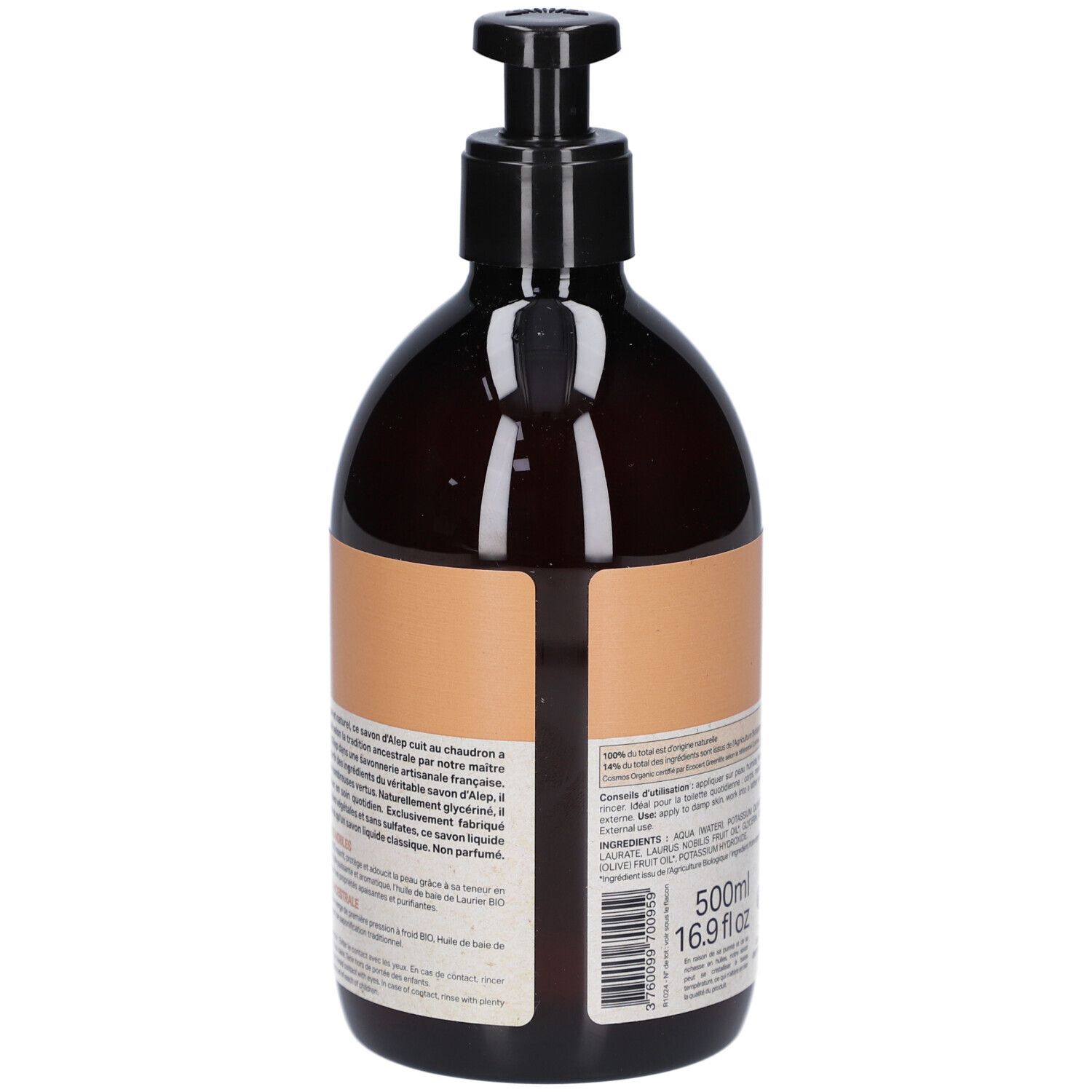 Rückansicht der braunen Flasche mit schwarzem Pumpverschluss. Etikett mit Text. Volumen: 500ml/16.9 fl oz. Bio-Zertifizierung.