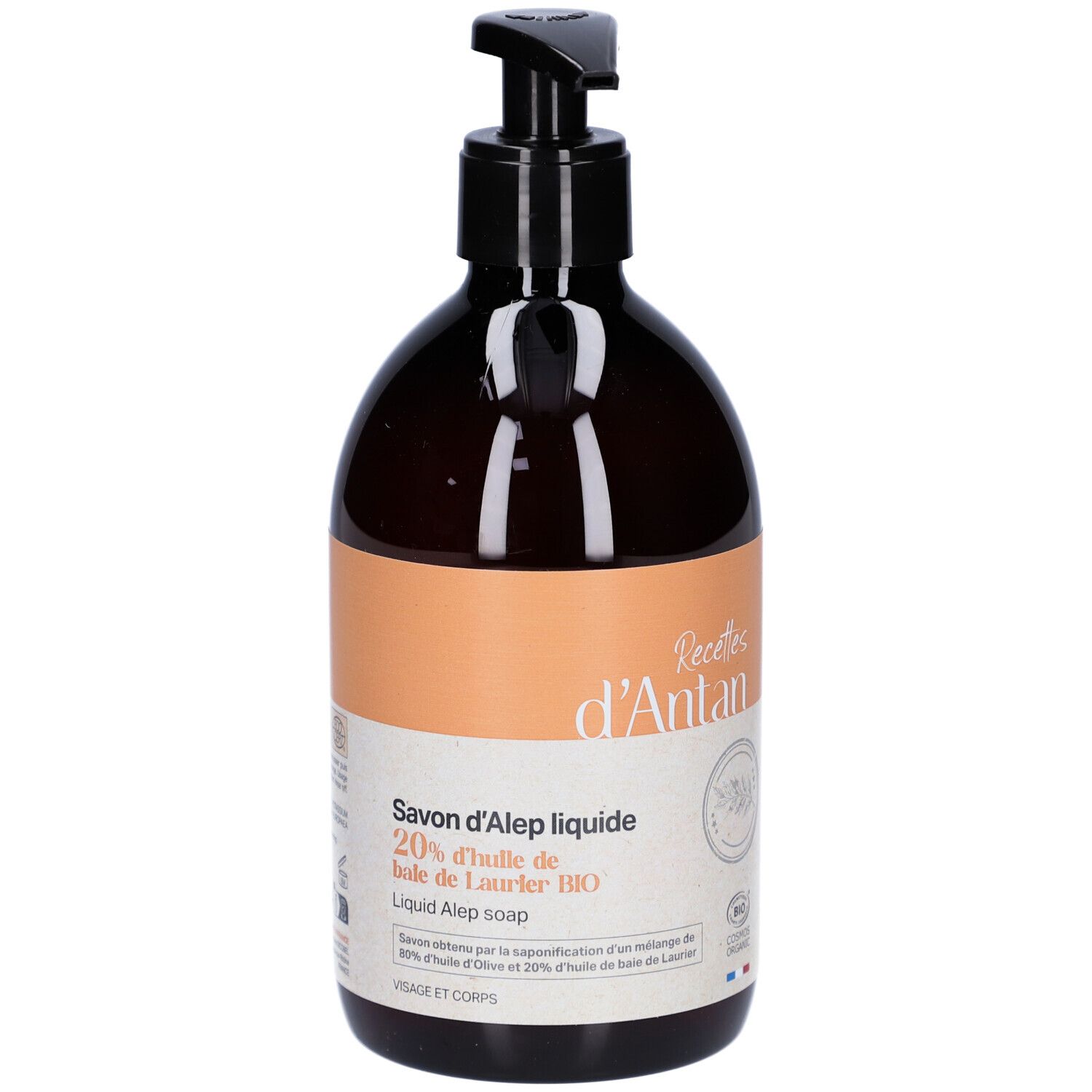 Braune Flasche mit schwarzem Pumpverschluss. Etikett mit Text: Savon d'Alep liquide, 20% d'huile de Laurier BIO. Bio-Zertifizierung.