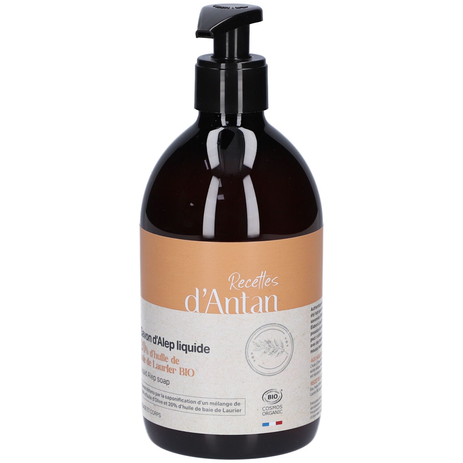 Braune Flasche mit schwarzem Pumpverschluss. Etikett mit Text: Savon d'Alep liquide, 20% d'huile de Laurier BIO. Bio-Zertifizierung.