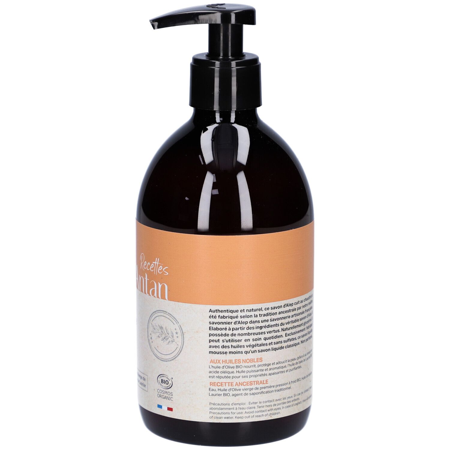 Rückseite der braunen Flasche mit schwarzem Pumpverschluss. Etikett mit Text und Bio-Zertifizierung. Enthält Öle.