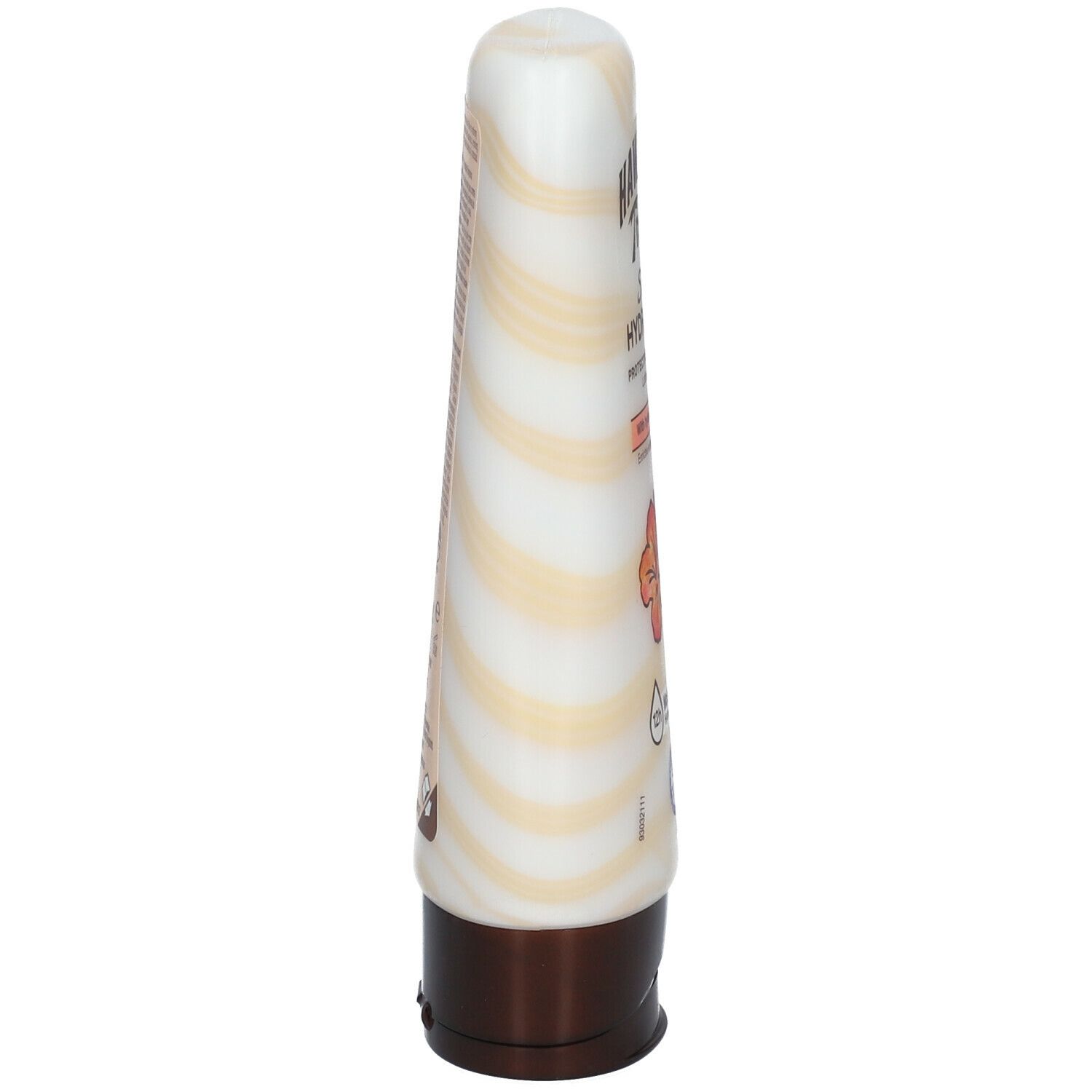 Tube de lotion solaire, vue latérale. Motif rayé blanc et beige. Bouchon marron. Texte sur le tube.