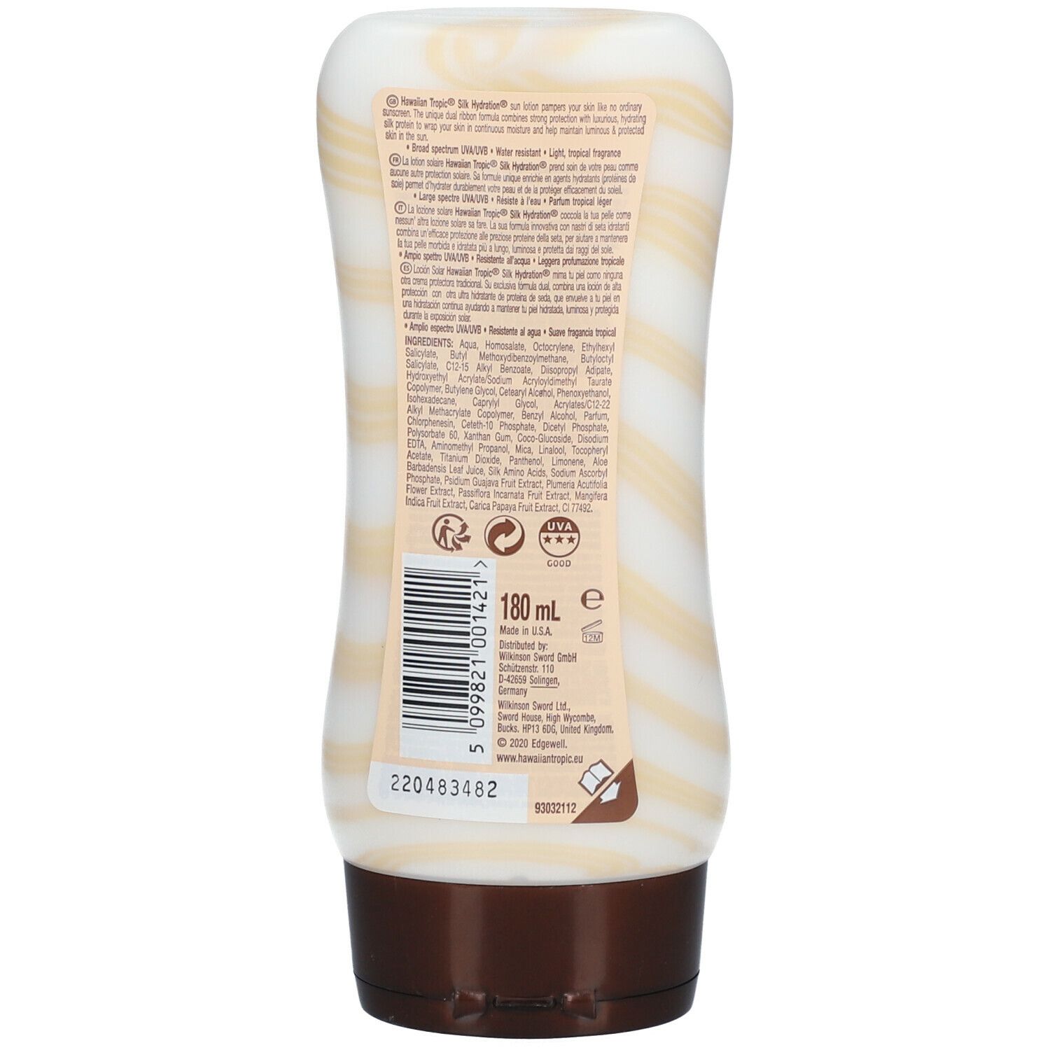 Dos du tube de lotion solaire. Motif rayé blanc et beige. Bouchon marron. Texte et code-barres. Volume: 180 ml.